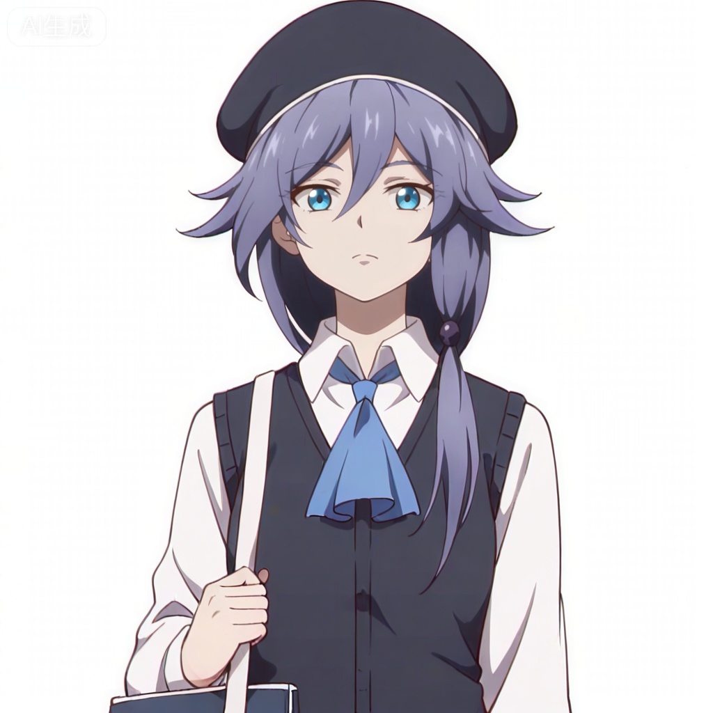 masterpiece, best quality,solo,((white background:1.2)),simple background,, 
looking at viewer,anime_style,fu_hua,blue eyes,grey hair,hair ornament,hair between eyes,shirt,white shirt,collared shirt,hat,skirt,beret,vest,blue necktie,shoulder bag