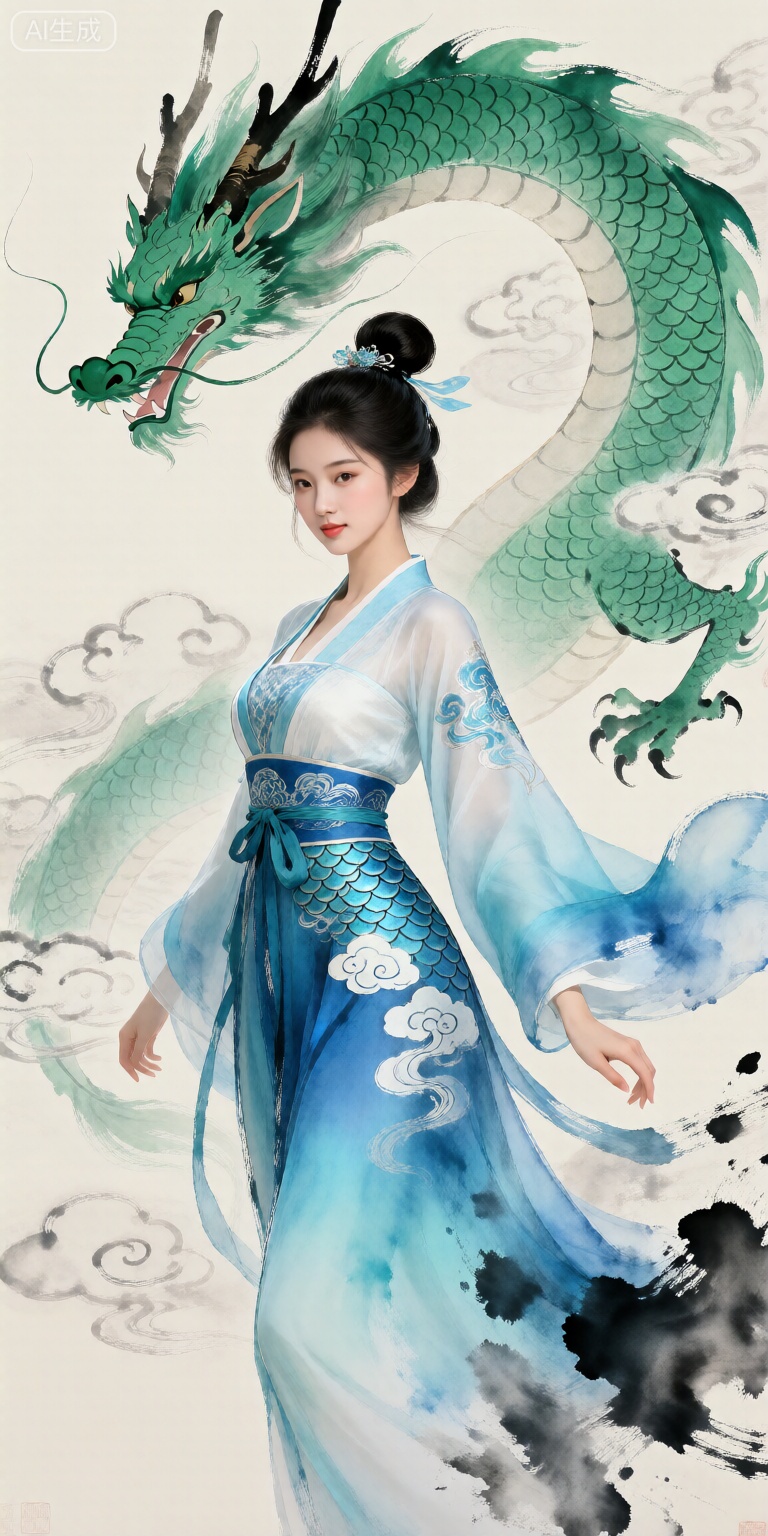 Ink painting, Chinese ink wash style, a young woman with traditional bun hairstyle, wearing an elegant flowing ancient costume in gradient cyan and blue, decorated with dragon scale patterns and cloud motifs, the sleeves and skirt show ink-wash smudge texture. A green auspicious dragon with clear scales coils behind her, set against a background of light ink-outlined clouds. The overall atmosphere combines fairy-like agility and the elegant artistic conception of Chinese ink painting, Ultra-detailed digital rendering fused with ink painting brush stroke effects