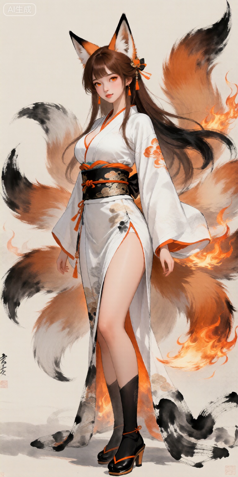 ink painting,1girl, solo, long hair, breasts, looking at viewer, bangs, brown hair, black hair, long sleeves, animal ears, standing, tail, full body, japanese clothes, pointy ears, kimono, black footwear, orange eyes, animal ear fluff, fox ears, fox tail, fire, fox girl, multiple tails, white hanfu, fox, kitsune,Ultra-detailed digital rendering fused with ink painting brush stroke effects
