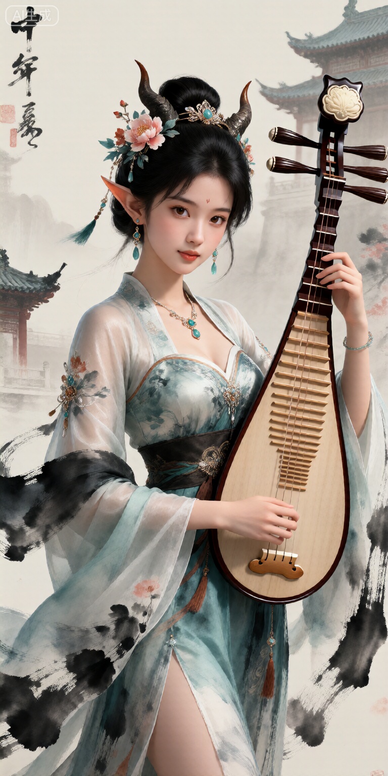 1girl, solo, looking at viewer, black hair, hair ornament, long sleeves, dress, holding, brown eyes, jewelry, flower, earrings, horns, pointy ears, hair flower, hair bun, blurry, chinese clothes, single hair bun, instrument, music, yellow dress, architecture, playing instrument, holding instrument,Ultra-detailed digital rendering fused with ink painting brush stroke effects,Chinese ink wash style
