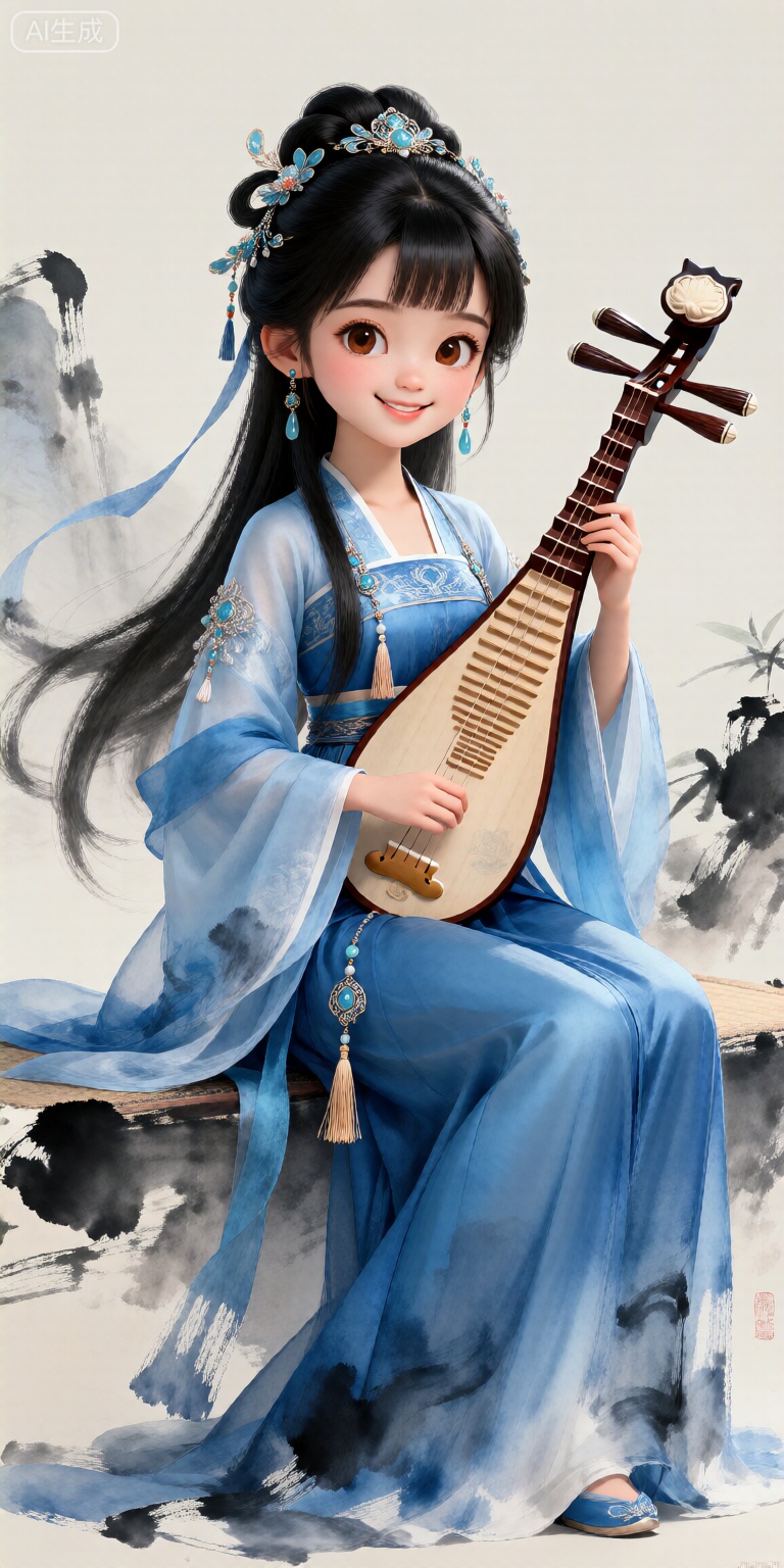 1girl, solo, long hair, looking at viewer, smile, bangs, black hair, hair ornament, long sleeves, dress, holding, brown eyes, jewelry, sitting, closed mouth, full body, earrings, wide sleeves, chibi, parted bangs, blue dress, facial mark, chinese clothes, tassel, instrument, reflection, forehead mark, music, playing instrument, holding instrument, hanfu Ultra-detailed digital rendering fused with ink painting brush stroke effects,Chinese ink wash style