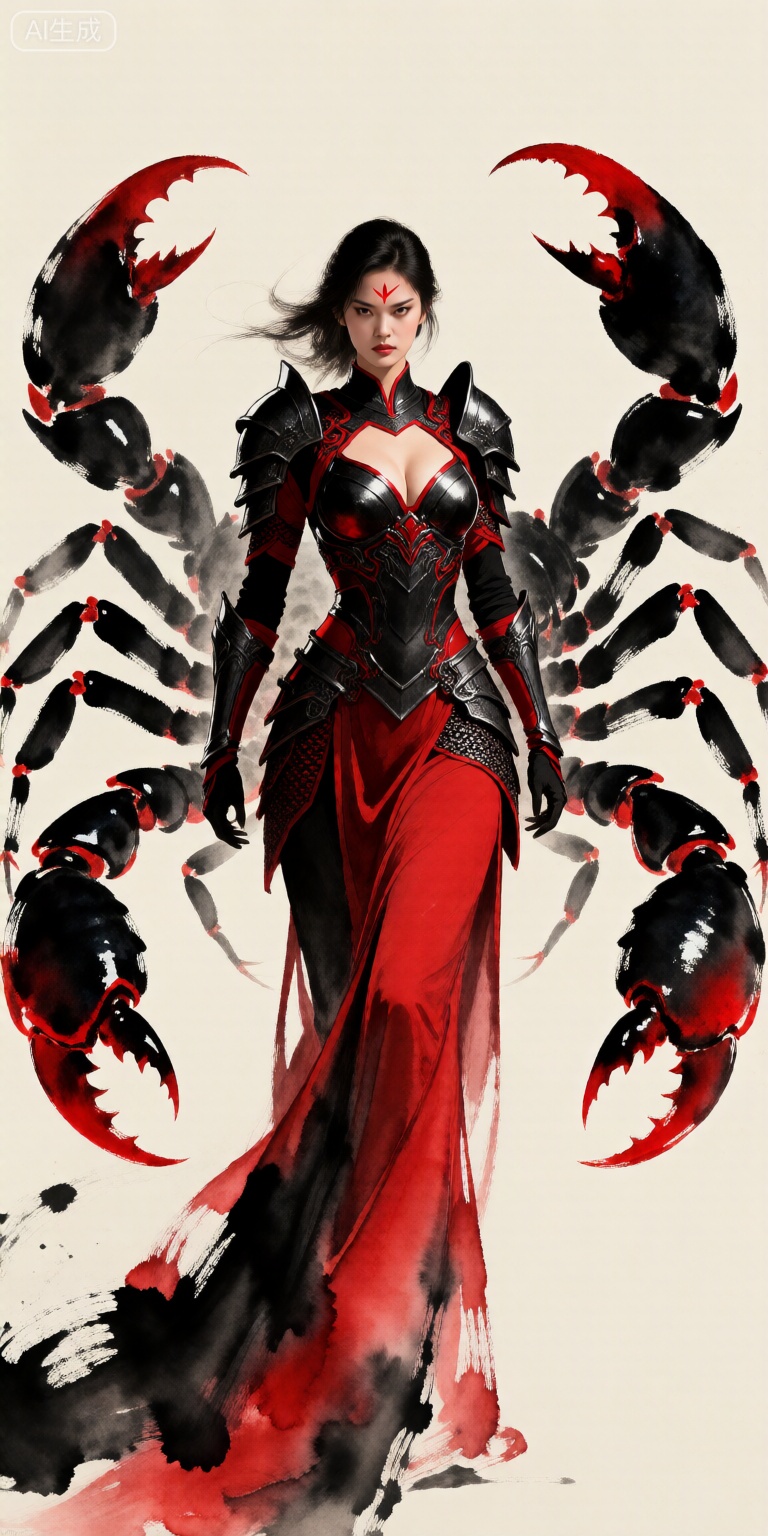 ink painting,The image depicts a stylized illustration of a female character in a red and black armor suit. She is adorned with intricate armor that covers her torso and arms, and her attire is flowing, giving a sense of movement. Her outfit is complemented by a long, elegant skirt that appears to be made of a fabric that has been painted with a watercolor effect, blending shades of red and black. Surrounding her are large, menacing scorpions with black and red coloring, their pincers extending outward. The scorpions are positioned symmetrically on either side of her, creating a striking visual contrast against her figure. The background is a light, neutral color, which helps to highlight the character and the scorpions. The character has a determined expression, with her eyes slightly narrowed and her lips set in a firm line. She has a red mark on her forehead, which adds to her fierce and powerful appearance. The overall composition of the image is dynamic, with the scorpions and her armor creating a sense of tension and readiness for action.,Ultra-detailed digital rendering fused with ink painting brush stroke effects