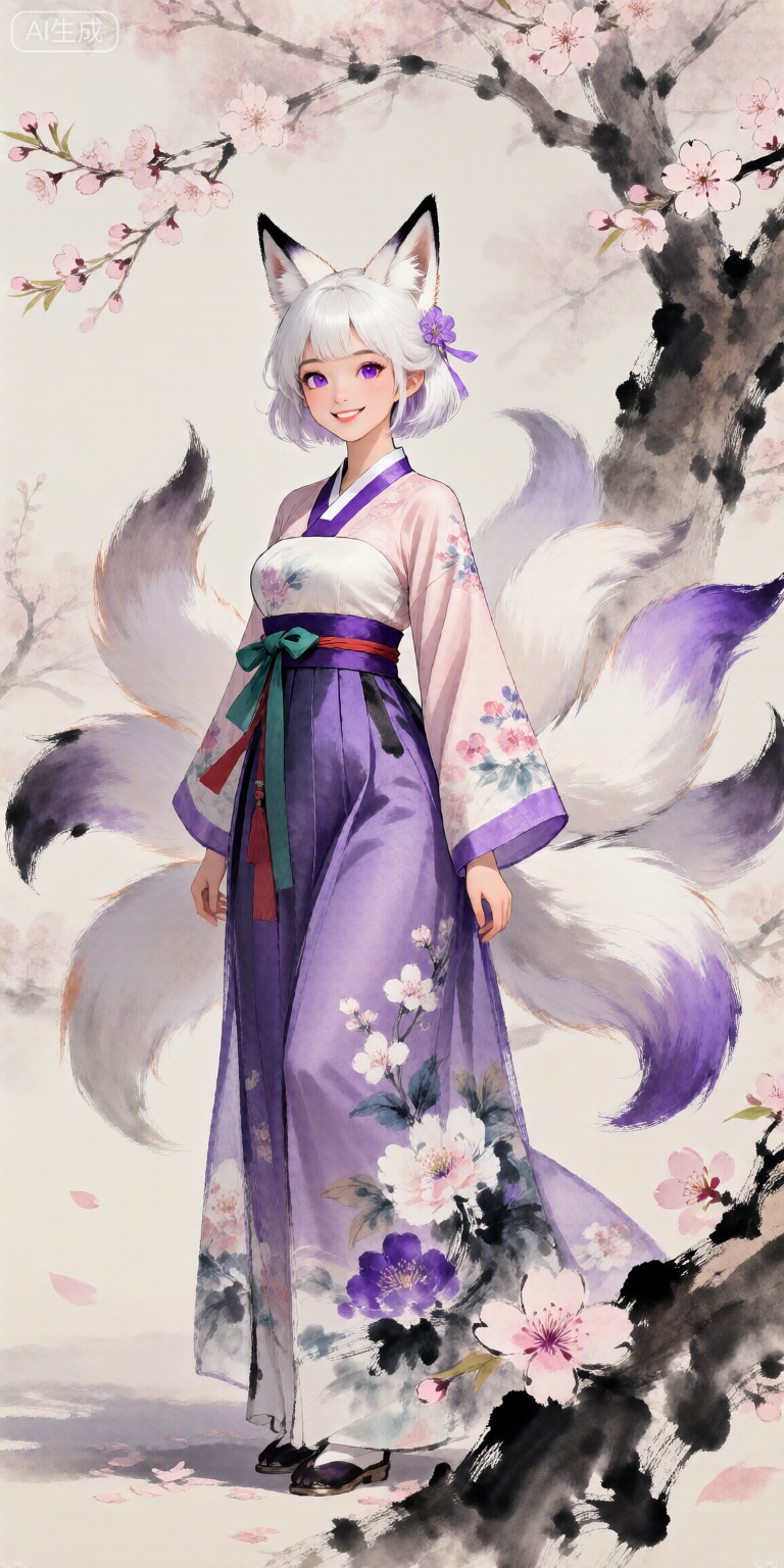 1girl, solo, looking at viewer, smile, short hair, bangs, long sleeves, animal ears, standing, purple eyes, tail, flower, ahoge, white hair, artist name, hanfu,blurry, tree, fox ears, fox tail, watermark, floral print, cherry blossoms, fox girl, multiple tails, fox, korean clothes,Ultra-detailed digital rendering fused with ink painting brush stroke effects,Chinese ink wash style