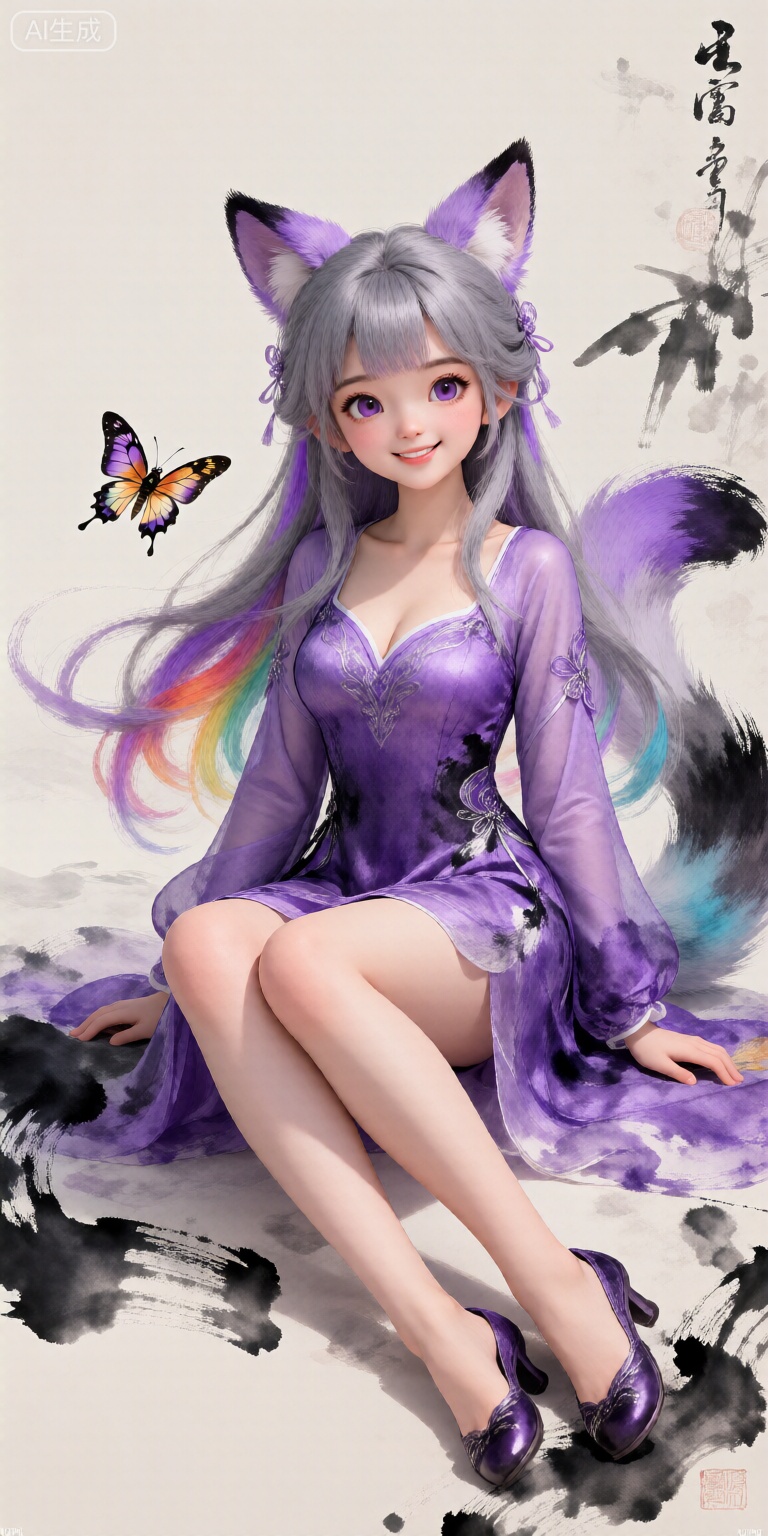 1girl, solo, long hair, looking at viewer, smile, bangs, long sleeves, dress, animal ears, sitting, purple eyes, purple hair, grey hair, multicolored hair, chibi, :3, watermark, crossed legs, bug, butterfly, purple dress,Ultra-detailed digital rendering fused with ink painting brush stroke effects,Chinese ink wash style