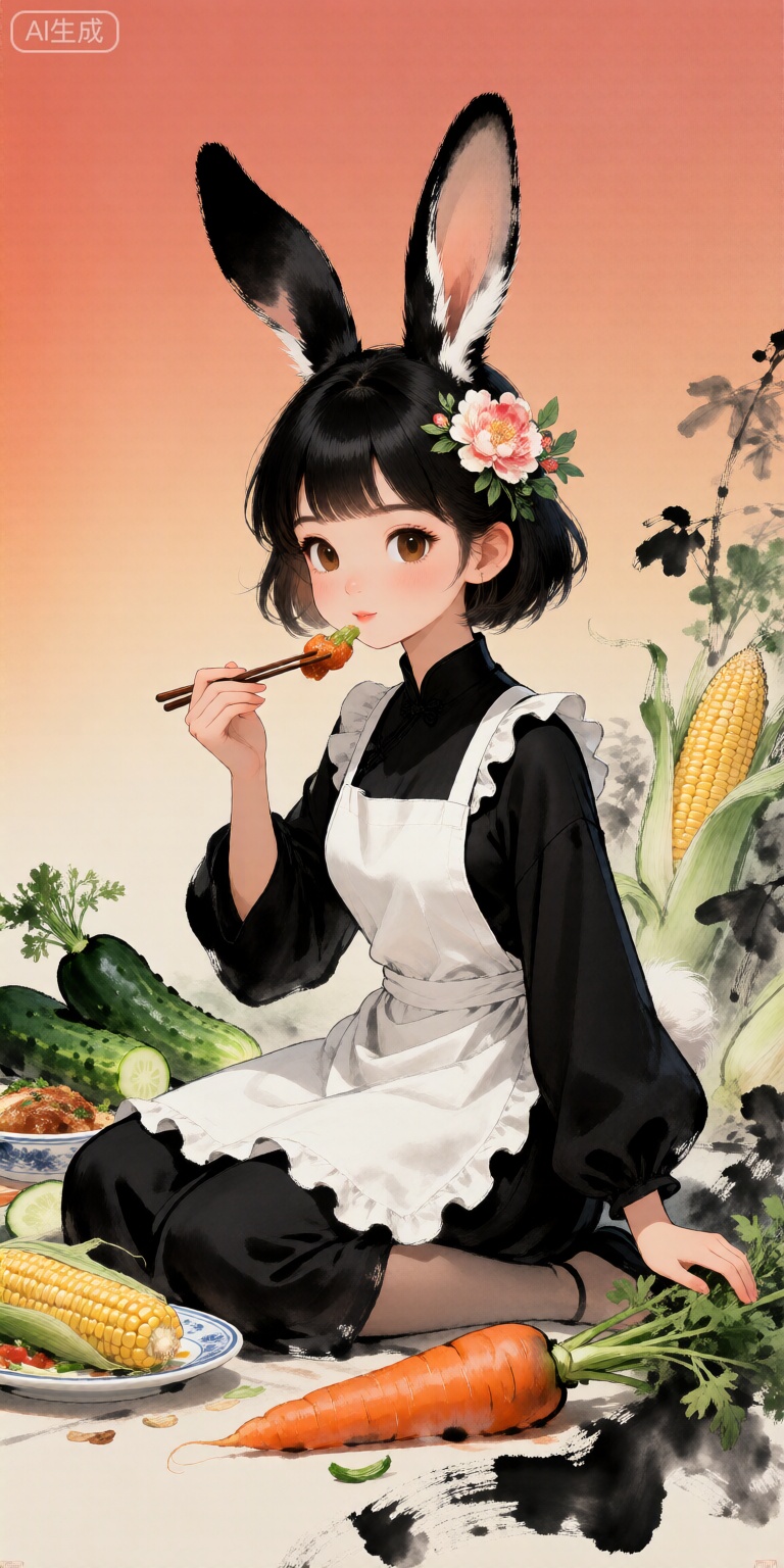 1girl, solo, looking at viewer, short hair, bangs, black hair, hair ornament, long sleeves, dress, holding, animal ears, brown eyes, sitting, closed mouth, flower, food, artist name, hair flower, wide sleeves, chibi, black footwear, rabbit ears, apron, black dress, gradient, gradient background, eating, plant, white apron, nature background, carrot, vegetable, cucumber, corn,Ultra-detailed digital rendering fused with ink painting brush stroke effects,Chinese ink wash style