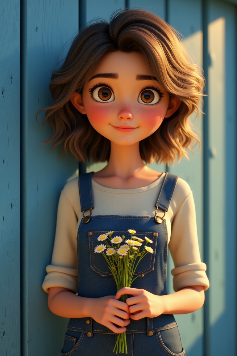 A young woman in a cozy 3D animated style wears a rustic denim overall with a simple shirt underneath,  gardener-style,  g...
