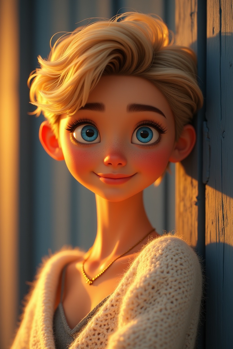 A warm,  soft cinematic Pixar-style 3D portrait of a cute young woman with short textured blonde pixie bob,  big expressiv...