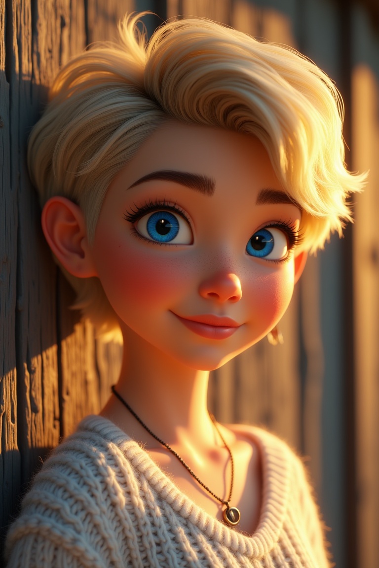 A warm,  soft cinematic Pixar-style 3D portrait of a cute young woman with short textured blonde pixie bob,  big expressiv...