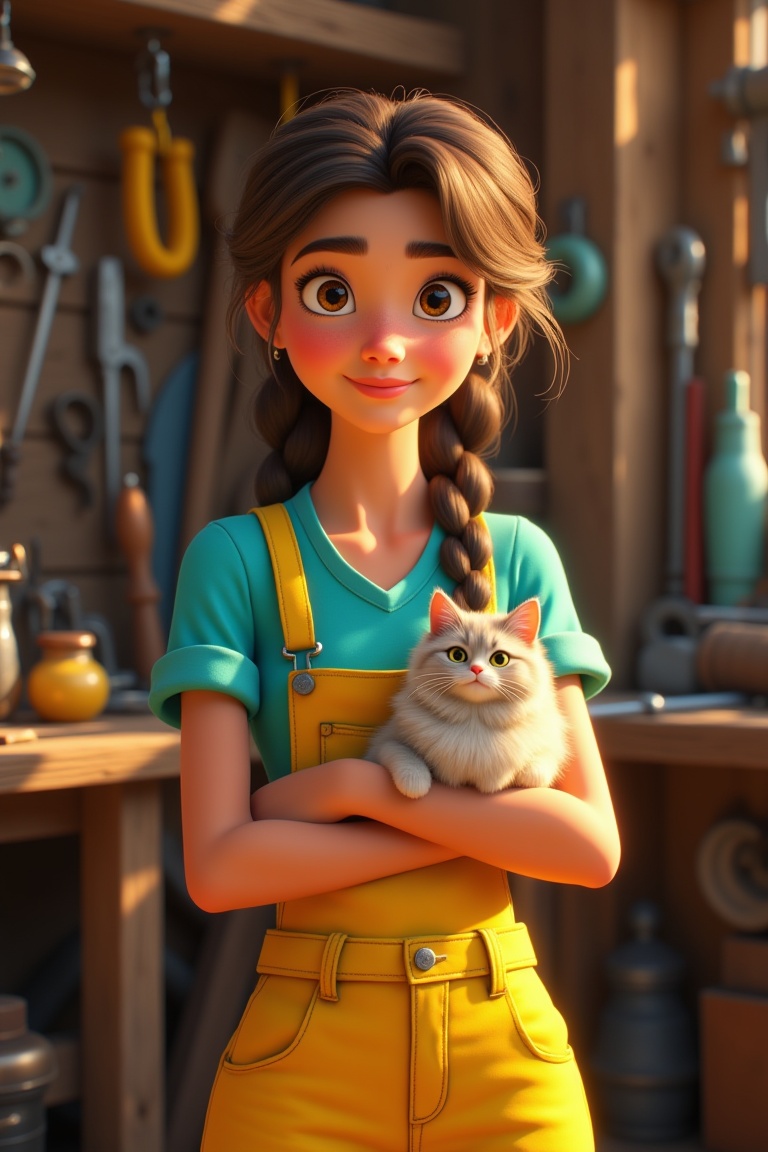 A young woman in bright-colored overalls—vibrant yellow or bright teal—wears a simple shirt underneath,  her long hair in...