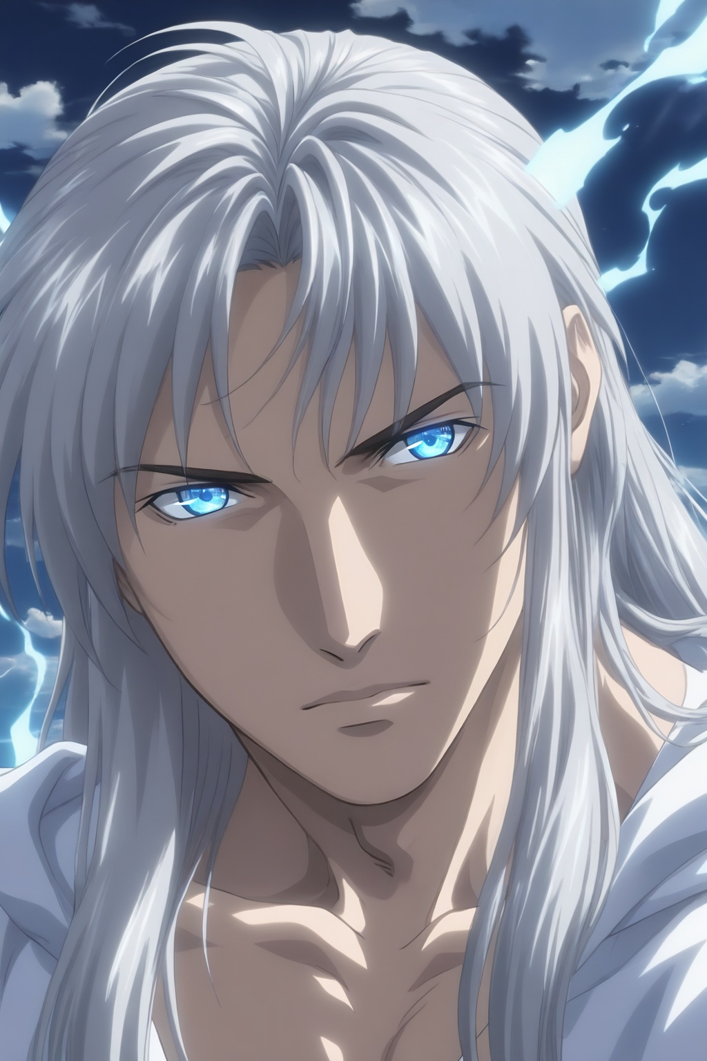 noble young man with flawless sharp features,  long flowing silver hair shining in the light,  bright blue determined eyes...