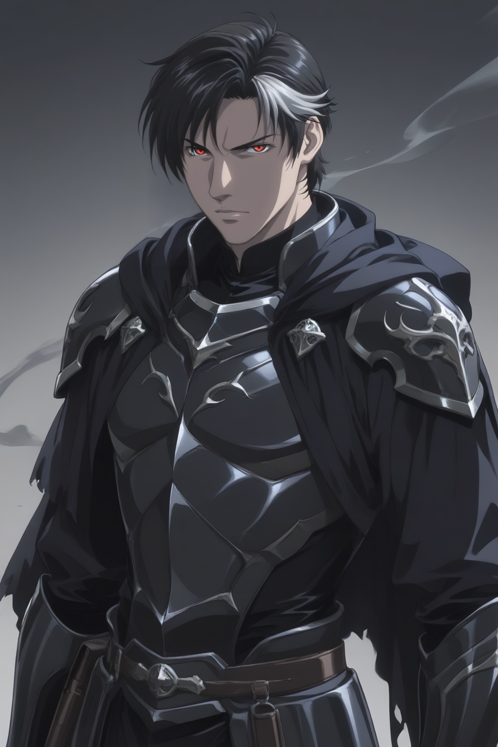 shadow general,  black hair with silver streaks,  dark chest armor with intricate engravings on Tensor.Art