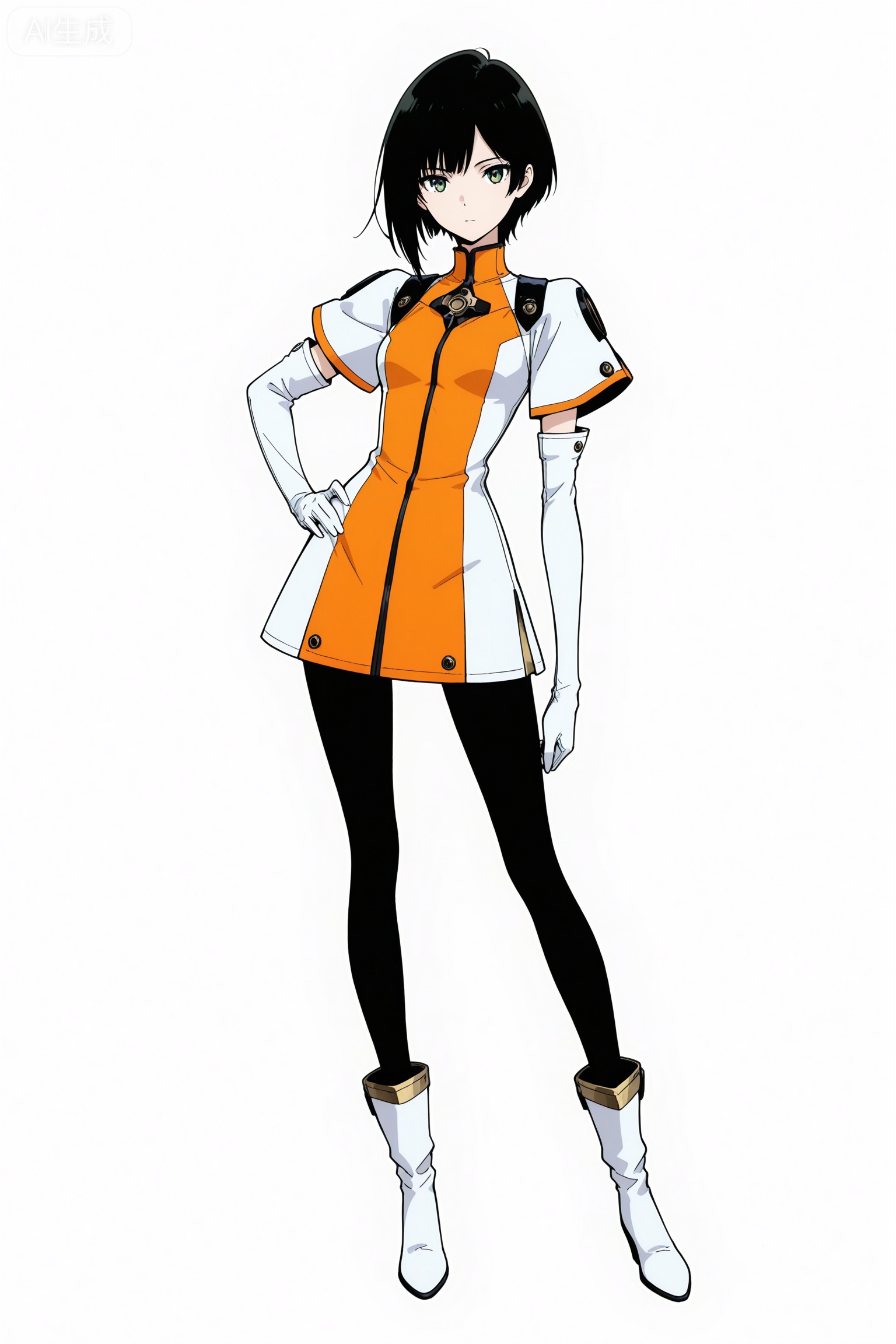 Best quality,masterpiece,official art,art_5star,
1girl, solo, pantyhose, gloves, white background, simple background, full body, green eyes, elbow gloves, black hair, dress, standing, black pantyhose, white gloves, short dress, looking at viewer, white footwear, boots, short hair, expressionless, armor, white dress,  The image is an illustration of an animated character in a futuristic setting. The character is a female with short hair, wearing a sleek white and orange outfit. She has a confident pose, standing straight with one hand placed on her hip. In the background, there's a gray backdrop. The artistic style appears to be digital art, possibly from an anime or manga context. The emotional tone is neutral, and the overall atmosphere suggests a sense of anticipation or readiness for action. 