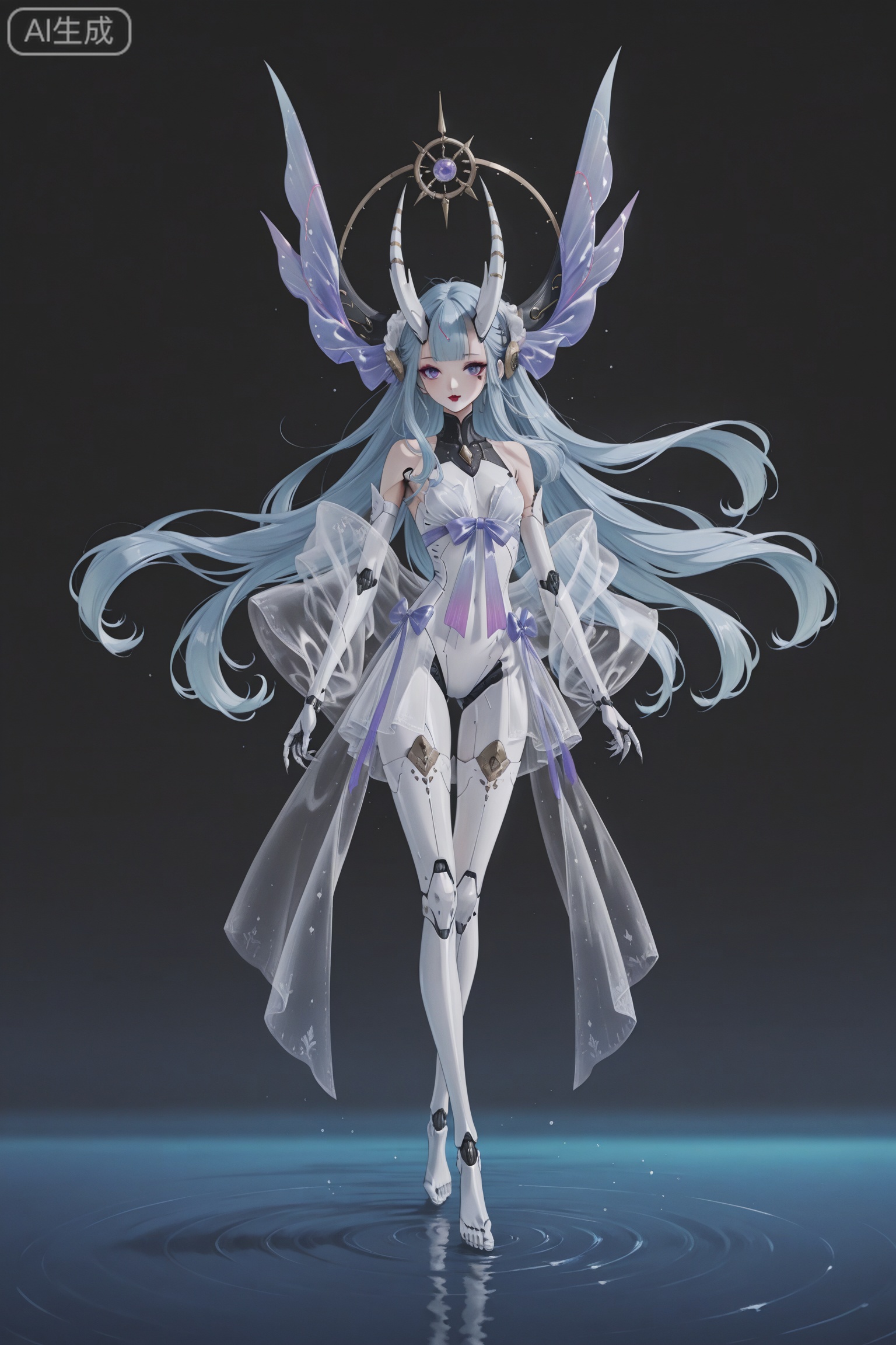 lineart,masterpiece,best quality,newest,year 2024,year 2023,very aesthetic,extreme aesthetic,absurdres,Visual impact,ultra-high resolution,32K UHD,sharp focus,Emotionalization,masterpiece,masterful details,
young girl,solo,robot girl,robot body,(1girl:0.6),((colorful nelon see through ribbon)),
hairpins and buns,bare shoulders,red lips,purple eye shadow,solo,no humans,solo,science fiction,claws,horns,monster,armor,art_5star,asian inspire,1girl,very long hair,floating hair,blue hair,Whimsical,ethereal,fantasy anime girl with flowing hair and sea-themed accessories,gentle jellyfish companions,serene underwater ambiance,delicate watercolor artistry,dreamlike aesthetic.,bare feet,full body,