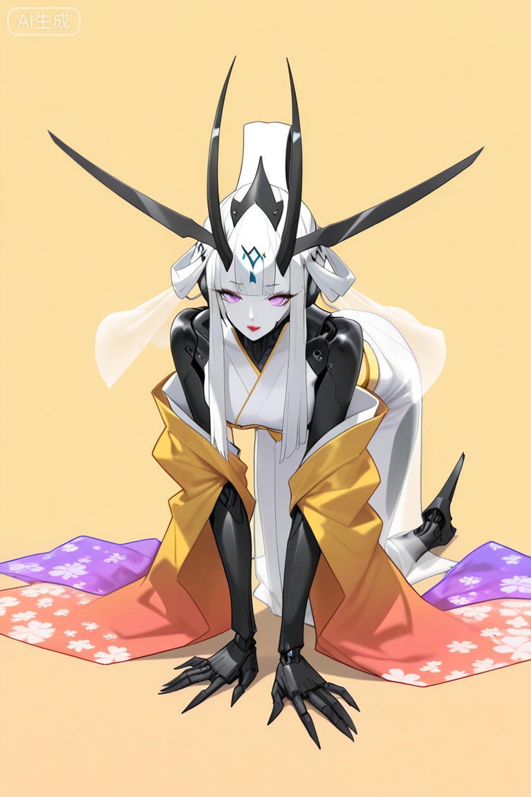 lineart,masterpiece,best quality,newest,year 2024,year 2023,very aesthetic,extreme aesthetic,absurdres,Visual impact,ultra-high resolution,32K UHD,sharp focus,Emotionalization,masterpiece,masterful details,
young girl,solo,robot girl,robot body,(1girl:0.6),((colorful nelon see through kimono,ribbon)),Kneel down,lean forward,upper body,
Japanese queen,gorgeous kimonos,hairpins and buns,bare shoulders,red lips,purple eye shadow,solo,no humans,solo,science fiction,claws,horns,monster,armor,art_5star,asian inspire