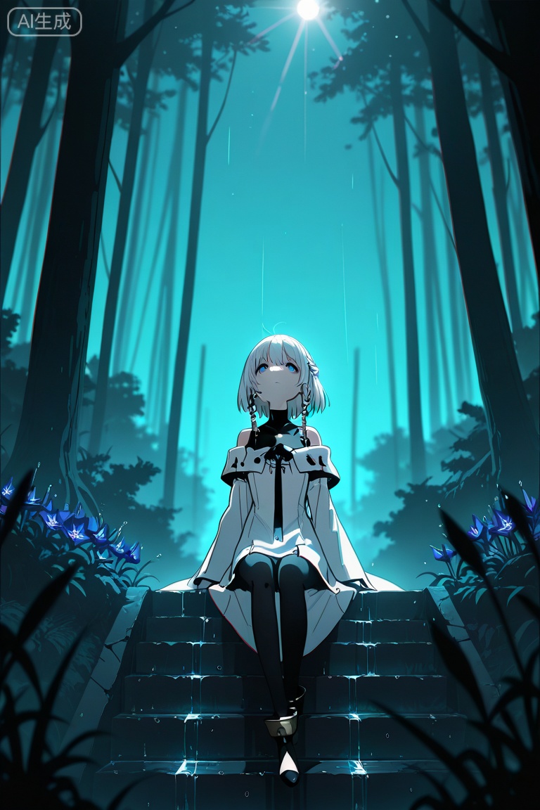 Best quality,masterpiece,official art,art_5star,very aware,highres,absurdres,newest,best quality
1girl, solo, pantyhose, bodysuit,mechanical body,sitting on stairs,outdoors,,petite,high quality,chromatic_aberration,//,illustration,ultra detailed,hdr,Depth of field,(colorful),bust,late at night,dark,light rain,dark,contrast,phenomenal aesthetic,(detailed light),light rain,dark,(((Cornflower))),cornflower,cornflower,vines,forest,ruins,Blurred picture,lens flare,hdr,Tyndall effect,damp,wet,1girl,bare shoulders,cold theme,broken glass,broken wall,aqua theme,white hair,blinking,white dress,closed mouth,constel lation,flat color,braid,white robe,float,constel lation,looking up,solo,