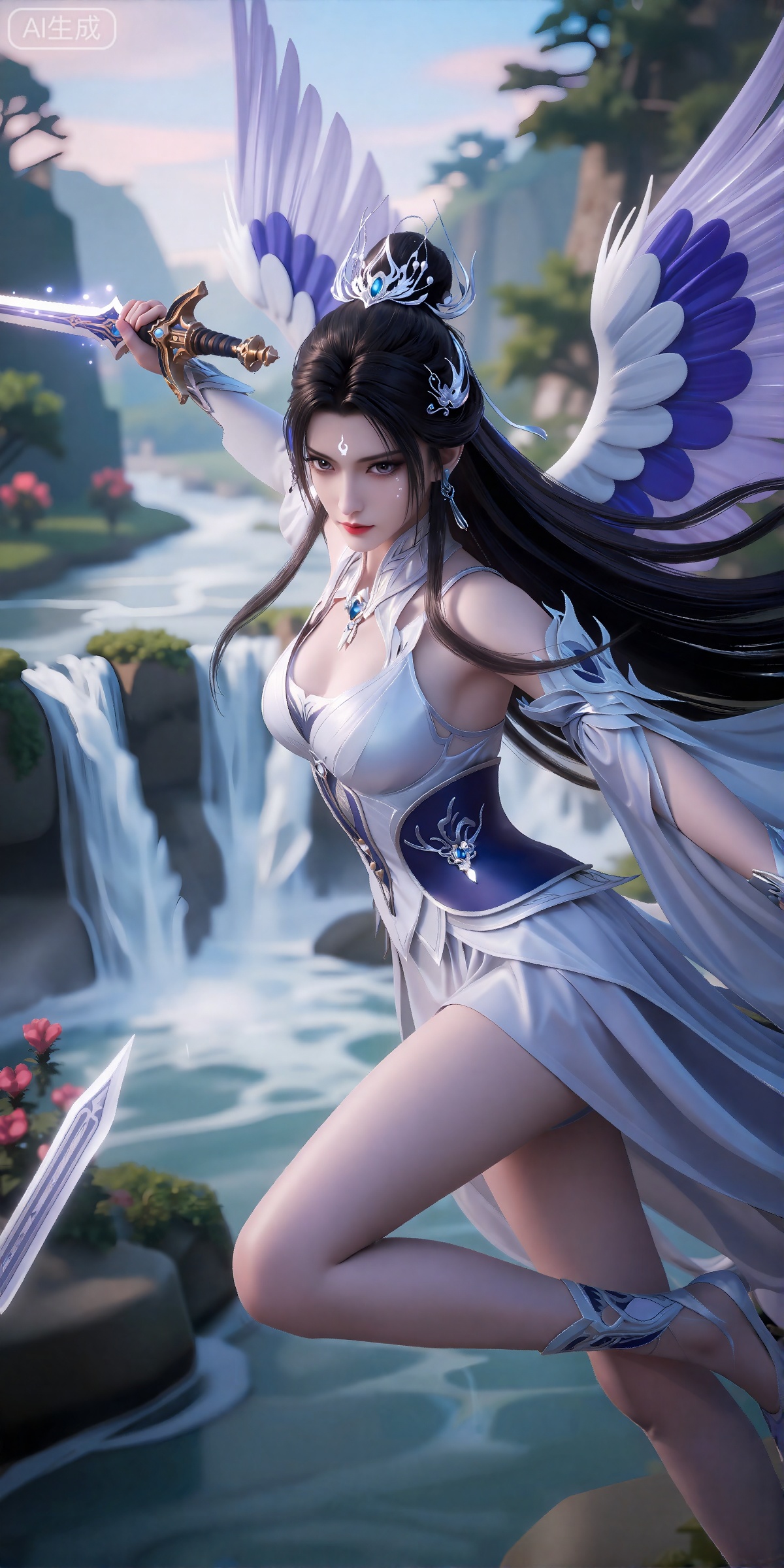 lvjing,一个幻想中的女性角色的插画,插画的风格非常详细和逼真。
luxueqi, 她有着黑色的长发,有着高高的发髻,发髻上有着镶嵌着宝石的精美发饰,画着淡妆,灰色的眼睛下面有闪耀着淡淡光芒的光粉,浅红色的口红,眉心有着一个酷似月牙的白色印记,肌肤胜雪,白里透红,
 这张照片描绘了一个以幻想为主题的艺术作品,其中有一个动态姿势的女性角色。她穿着错综复杂的盔甲,胸前有一颗宝石,她的服装包括飘逸的白色和蓝色面料。她的服装配有一顶皇冠,她挥舞着一把神奇的剑,发出明亮的光芒。她的翅膀大而空灵,有紫色和白色的渐变,增加了她神秘的外表。背景展示了一个宁静的景观,瀑布倾泻到一个雾蒙蒙的山谷,周围是郁郁葱葱的绿色植物和粉红色的花朵。天空被涂上柔和的色彩,营造出一种宁静而神奇的氛围。