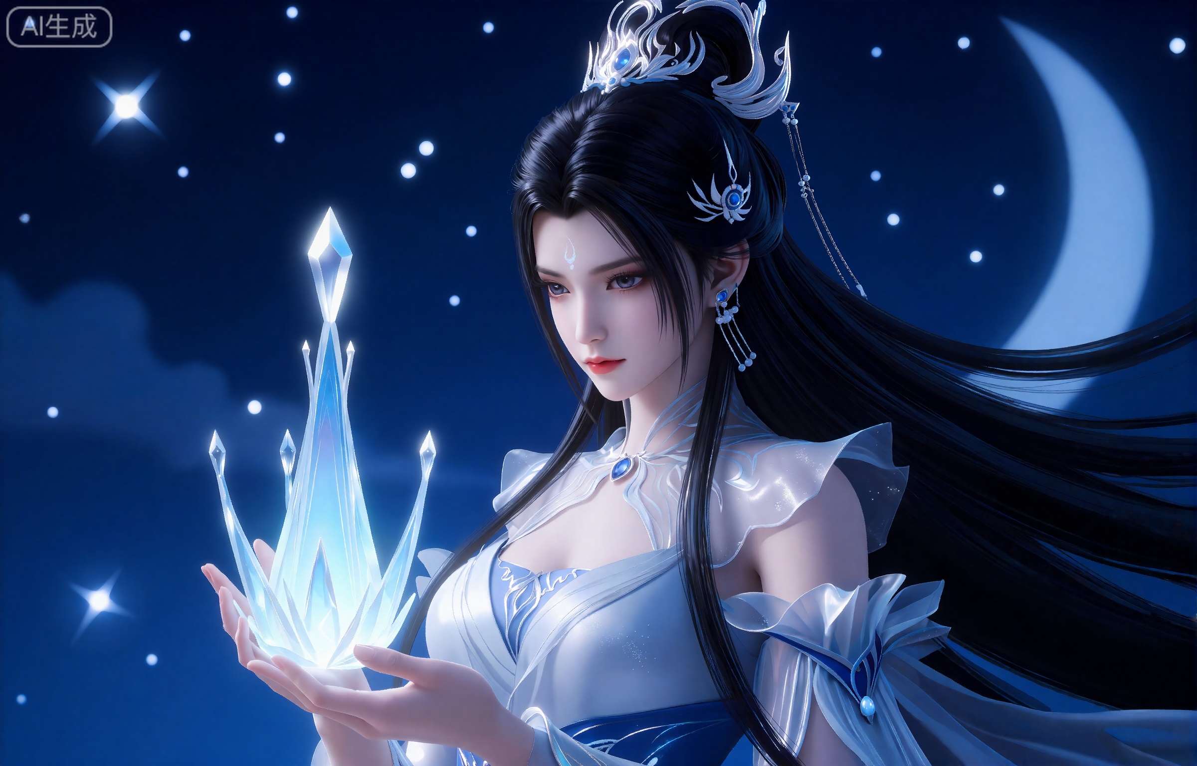 lvjing,一个幻想中的女性角色的插画,插画的风格非常详细和逼真。
luxueqi, 她有着黑色的长发,有着高高的发髻,发髻上有着镶嵌着宝石的精美发饰,画着淡妆,灰色的眼睛下面有闪耀着淡淡光芒的光粉,浅红色的口红,眉心有着一个酷似月牙的白色印记,肌肤胜雪,白里透红,
 她有一头长长的、飘逸的黑发,头上戴着复杂的银色和蓝色饰品,包括一顶类似皇冠的头饰。她的装束是一件飘逸优雅的蓝白相间的礼服,袖子上有褶边,面料精致,闪闪发光。她拿着一个发光的水晶结构,看起来像是一个塔或一个晶体结构,发出柔和的、神奇的光。背景是深蓝色,布满了星星和新月,营造出一种神秘而超凡脱俗的氛围。整体构图如梦似幻,重点是发光的水晶和女人宁静的表情。