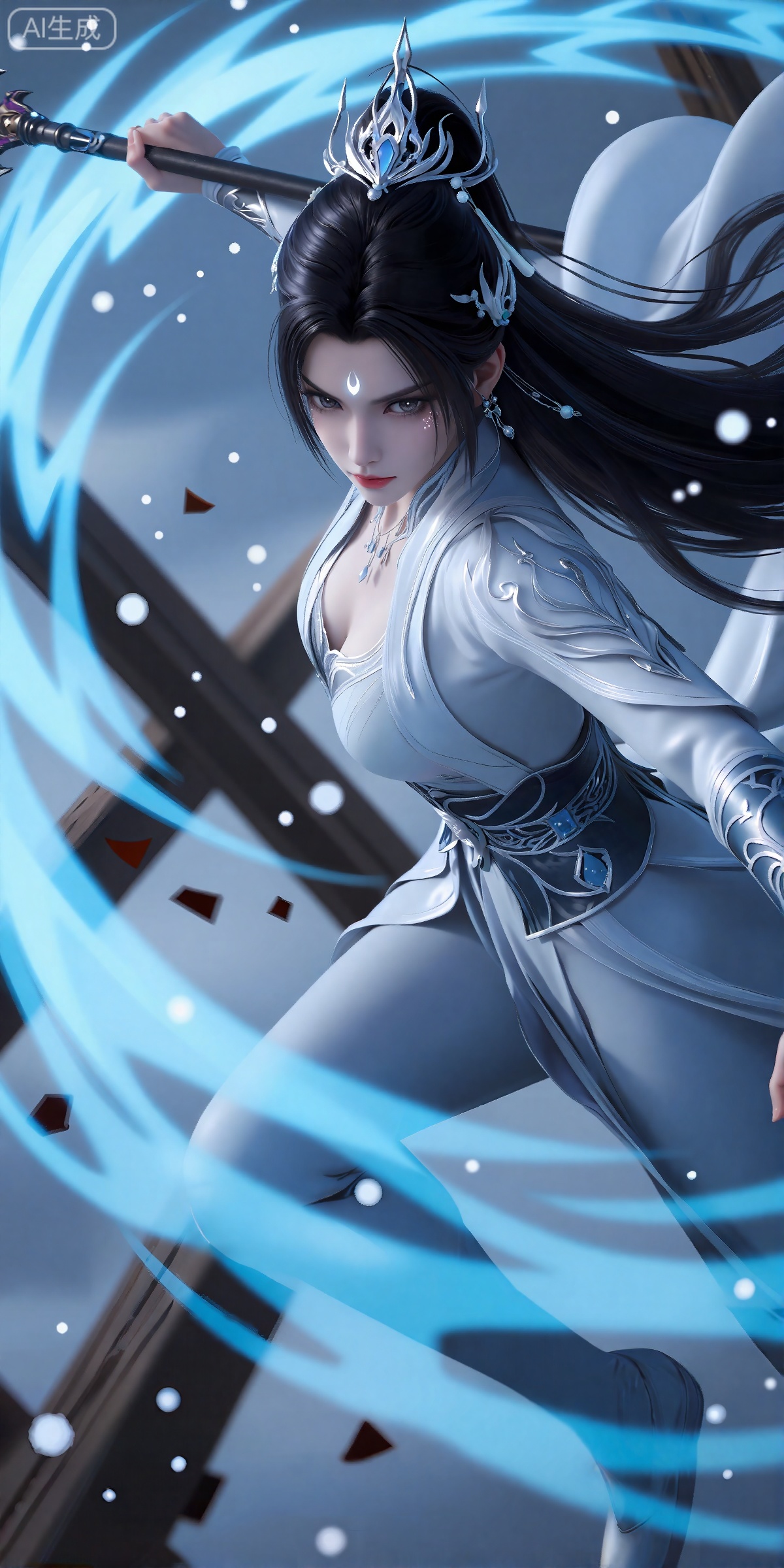 lvjing,一个幻想中的女性角色的插画,插画的风格非常详细和逼真。
luxueqi, 她有着黑色的长发,有着高高的发髻,发髻上有着镶嵌着宝石的精美发饰,画着淡妆,灰色的眼睛下面有闪耀着淡淡光芒的光粉,浅红色的口红,眉心有着一个酷似月牙的白色印记,肌肤胜雪,白里透红,
  这幅画描绘了一名战士在雪景中的动态场景。这名战士穿着复杂的盔甲,身后披着一件白色的披风。他一只手挥舞着一根长枪,长枪全身弥漫着淡蓝色的斗气。背景充满了旋转的、飘渺的蓝色能量,暗示着神奇或超自然的力量。雪花散落在整个场景中,前景中有破碎的木结构和碎片,表明发生了战斗或冲突。整个氛围是紧张和行动的。