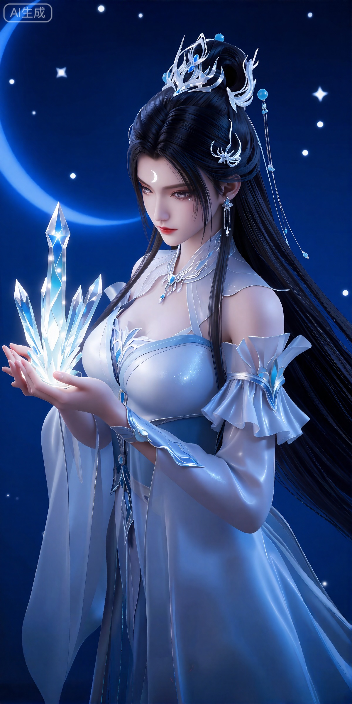 lvjing,一个幻想中的女性角色的插画,插画的风格非常详细和逼真。
luxueqi, 她有着黑色的长发,有着高高的发髻,发髻上有着镶嵌着宝石的精美发饰,画着淡妆,灰色的眼睛下面有闪耀着淡淡光芒的光粉,浅红色的口红,眉心有着一个酷似月牙的白色印记,肌肤胜雪,白里透红,
 她有一头长长的、飘逸的黑发,头上戴着复杂的银色和蓝色饰品,包括一顶类似皇冠的头饰。她的装束是一件飘逸优雅的蓝白相间的礼服,袖子上有褶边,面料精致,闪闪发光。她拿着一个发光的水晶结构,看起来像是一个塔或一个晶体结构,发出柔和的、神奇的光。背景是深蓝色,布满了星星和新月,营造出一种神秘而超凡脱俗的氛围。整体构图如梦似幻,重点是发光的水晶和女人宁静的表情。