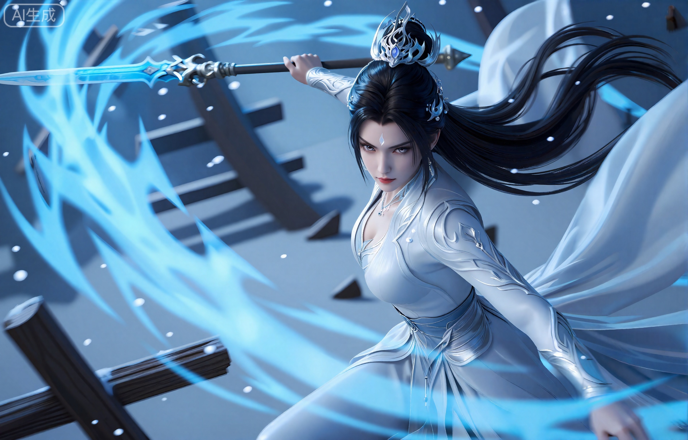 lvjing,一个幻想中的女性角色的插画,插画的风格非常详细和逼真。
luxueqi, 她有着黑色的长发,有着高高的发髻,发髻上有着镶嵌着宝石的精美发饰,画着淡妆,灰色的眼睛下面有闪耀着淡淡光芒的光粉,浅红色的口红,眉心有着一个酷似月牙的白色印记,肌肤胜雪,白里透红,
 这幅画描绘了一名战士在雪景中的动态场景。这名战士穿着复杂的盔甲,身后披着一件白色的披风。他一只手挥舞着一根长枪,长枪全身弥漫着淡蓝色的斗气。背景充满了旋转的、飘渺的蓝色能量,暗示着神奇或超自然的力量。雪花散落在整个场景中,前景中有破碎的木结构和碎片,表明发生了战斗或冲突。整个氛围是紧张和行动的。