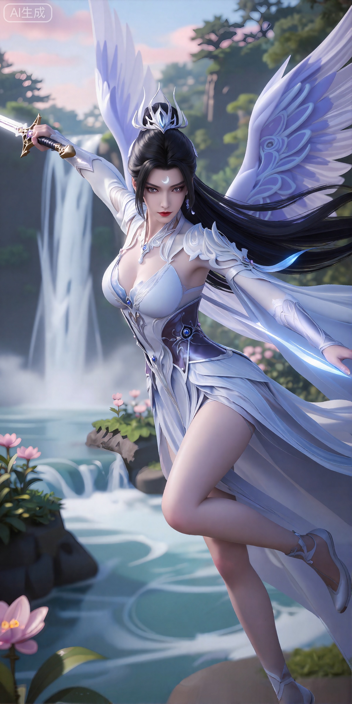 lvjing,一个幻想中的女性角色的插画,插画的风格非常详细和逼真。
luxueqi, 她有着黑色的长发,有着高高的发髻,发髻上有着镶嵌着宝石的精美发饰,画着淡妆,灰色的眼睛下面有闪耀着淡淡光芒的光粉,浅红色的口红,眉心有着一个酷似月牙的白色印记,肌肤胜雪,白里透红,
 这张照片描绘了一个以幻想为主题的艺术作品,其中有一个动态姿势的女性角色。她穿着错综复杂的盔甲,胸前有一颗宝石,她的服装包括飘逸的白色和蓝色面料。她的服装配有一顶皇冠,她挥舞着一把神奇的剑,发出明亮的光芒。她的翅膀大而空灵,有紫色和白色的渐变,增加了她神秘的外表。背景展示了一个宁静的景观,瀑布倾泻到一个雾蒙蒙的山谷,周围是郁郁葱葱的绿色植物和粉红色的花朵。天空被涂上柔和的色彩,营造出一种宁静而神奇的氛围。