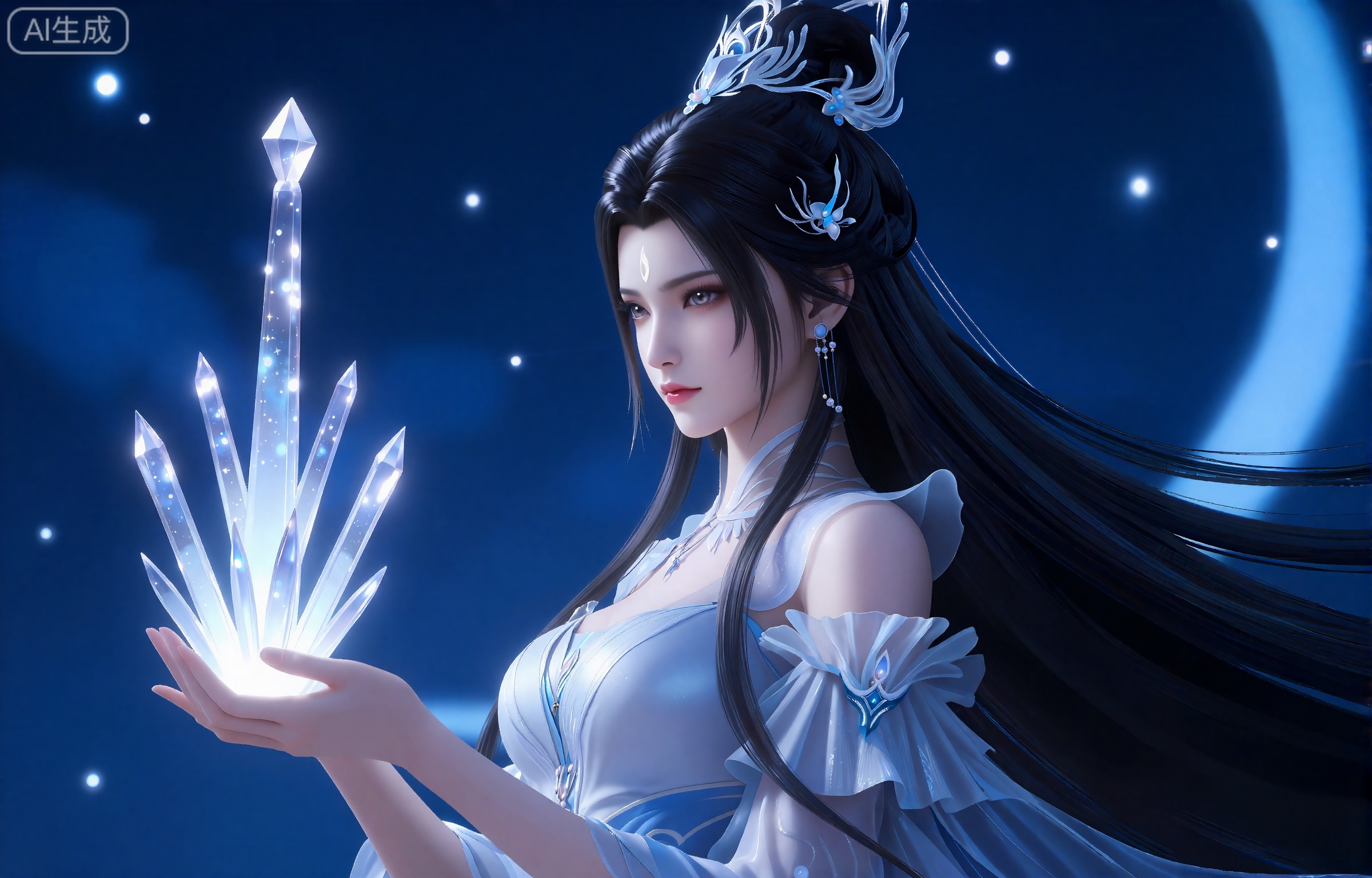 lvjing,一个幻想中的女性角色的插画,插画的风格非常详细和逼真。
luxueqi, 她有着黑色的长发,有着高高的发髻,发髻上有着镶嵌着宝石的精美发饰,画着淡妆,灰色的眼睛下面有闪耀着淡淡光芒的光粉,浅红色的口红,眉心有着一个酷似月牙的白色印记,肌肤胜雪,白里透红,
 她有一头长长的、飘逸的黑发,头上戴着复杂的银色和蓝色饰品,包括一顶类似皇冠的头饰。她的装束是一件飘逸优雅的蓝白相间的礼服,袖子上有褶边,面料精致,闪闪发光。她拿着一个发光的水晶结构,看起来像是一个塔或一个晶体结构,发出柔和的、神奇的光。背景是深蓝色,布满了星星和新月,营造出一种神秘而超凡脱俗的氛围。整体构图如梦似幻,重点是发光的水晶和女人宁静的表情。