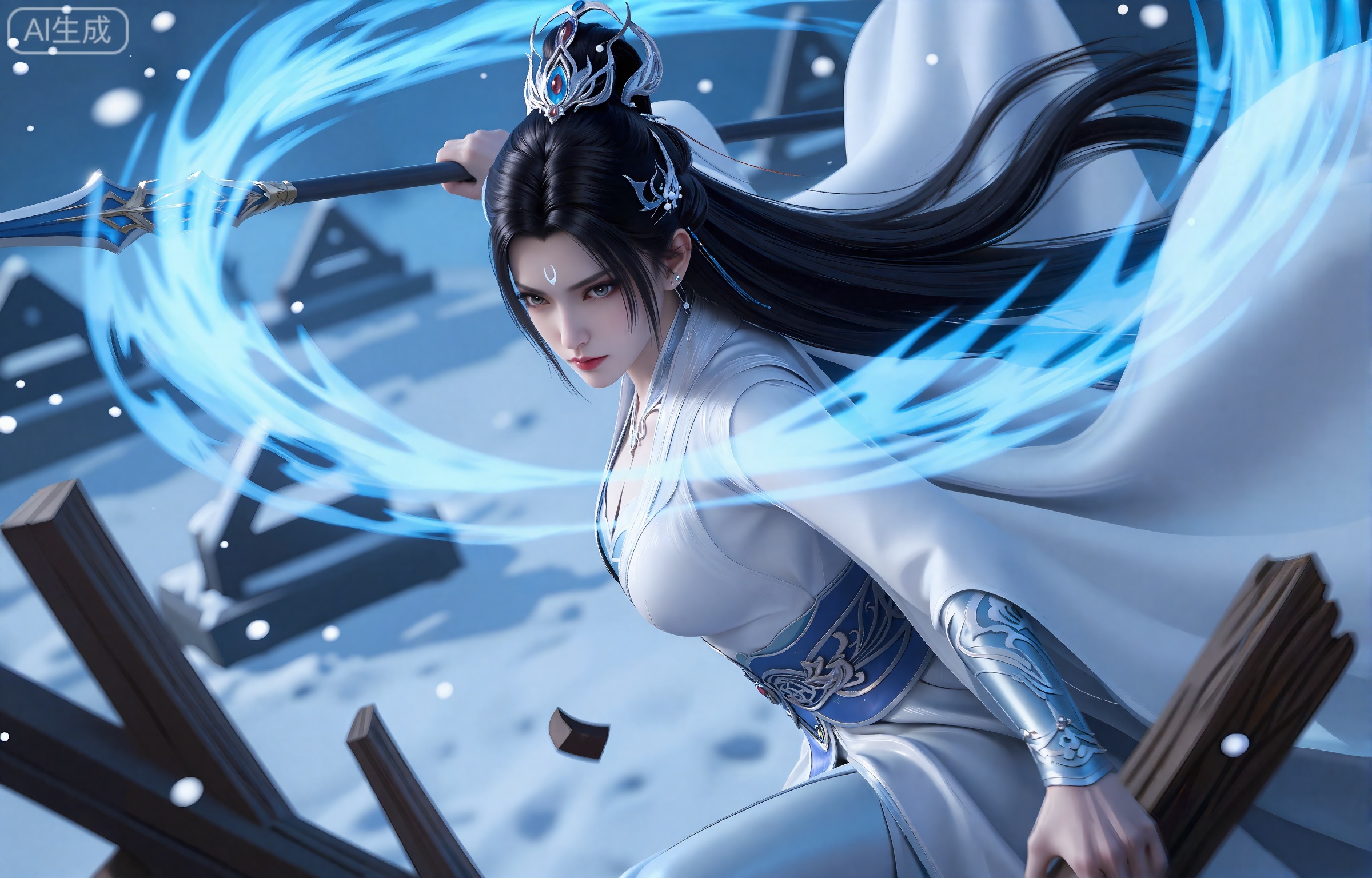 lvjing,一个幻想中的女性角色的插画,插画的风格非常详细和逼真。
luxueqi, 她有着黑色的长发,有着高高的发髻,发髻上有着镶嵌着宝石的精美发饰,画着淡妆,灰色的眼睛下面有闪耀着淡淡光芒的光粉,浅红色的口红,眉心有着一个酷似月牙的白色印记,肌肤胜雪,白里透红,
 这幅画描绘了一名战士在雪景中的动态场景。这名战士穿着复杂的盔甲,身后披着一件白色的披风。他一只手挥舞着一根长枪,长枪全身弥漫着淡蓝色的斗气。背景充满了旋转的、飘渺的蓝色能量,暗示着神奇或超自然的力量。雪花散落在整个场景中,前景中有破碎的木结构和碎片,表明发生了战斗或冲突。整个氛围是紧张和行动的。