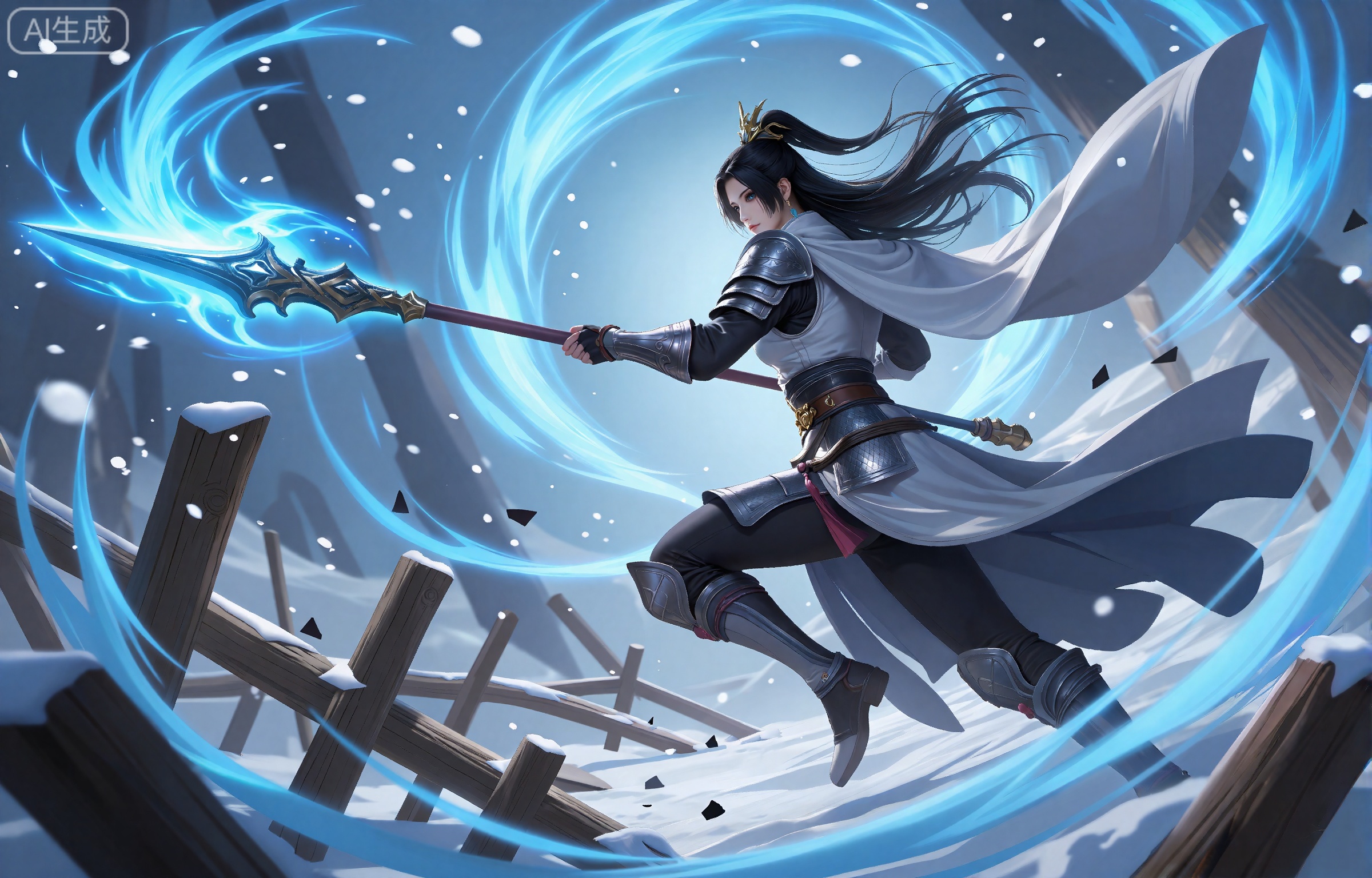 lvjing,一个幻想中的女性角色的插画,插画的风格非常详细和逼真。
这幅画描绘了一名战士在雪景中的动态场景。这名战士穿着复杂的盔甲,身后披着一件白色的披风。他一只手挥舞着一根长枪,长枪全身弥漫着淡蓝色的斗气。背景充满了旋转的、飘渺的蓝色能量,暗示着神奇或超自然的力量。雪花散落在整个场景中,前景中有破碎的木结构和碎片,表明发生了战斗或冲突。整个氛围是紧张和行动的。