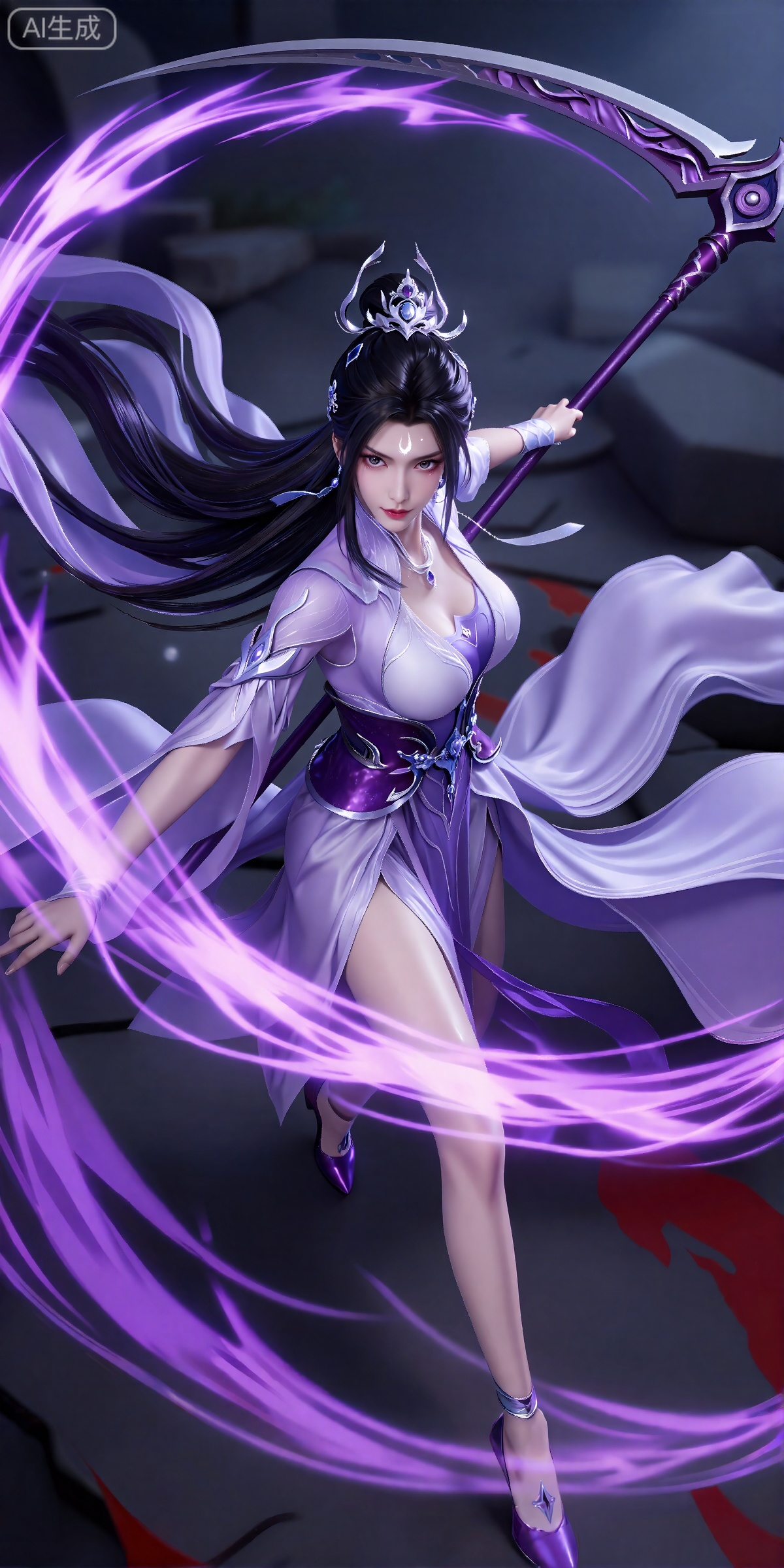 lvjing,一个幻想中的女性角色的插画,插画的风格非常详细和逼真。
luxueqi, 她有着黑色的长发,有着高高的发髻,发髻上有着镶嵌着宝石的精美发饰,画着淡妆,灰色的眼睛下面有闪耀着淡淡光芒的光粉,浅红色的口红,眉心有着一个酷似月牙的白色印记,肌肤胜雪,白里透红,
  这幅画描绘了一个充满活力的场景,中心人物是一位黑发美女,挥舞着一把长柄的巨大镰刀。刀身在美女的身后,镰刀刀缠绕着耀眼的紫色能量,她穿着一套飘逸飘逸的衣服,紫色和白色混合在一起,衣服和配饰上都有复杂的设计。她的头发长而飘逸,淡紫色的发丝向外延伸,给人一种运动和活力的感觉,她穿着紫色的高跟鞋,一只脚往前踏出,巨大的力量将地面踏出裂痕,由镰刀中散发出来的紫色的能量在美女周身形成一个能量漩涡。她脚下的地面是黑暗和岩石,有一些红色的飞溅,增加了场景的强度。整体构图非常细致,重点是女人的动作和周围的元素。