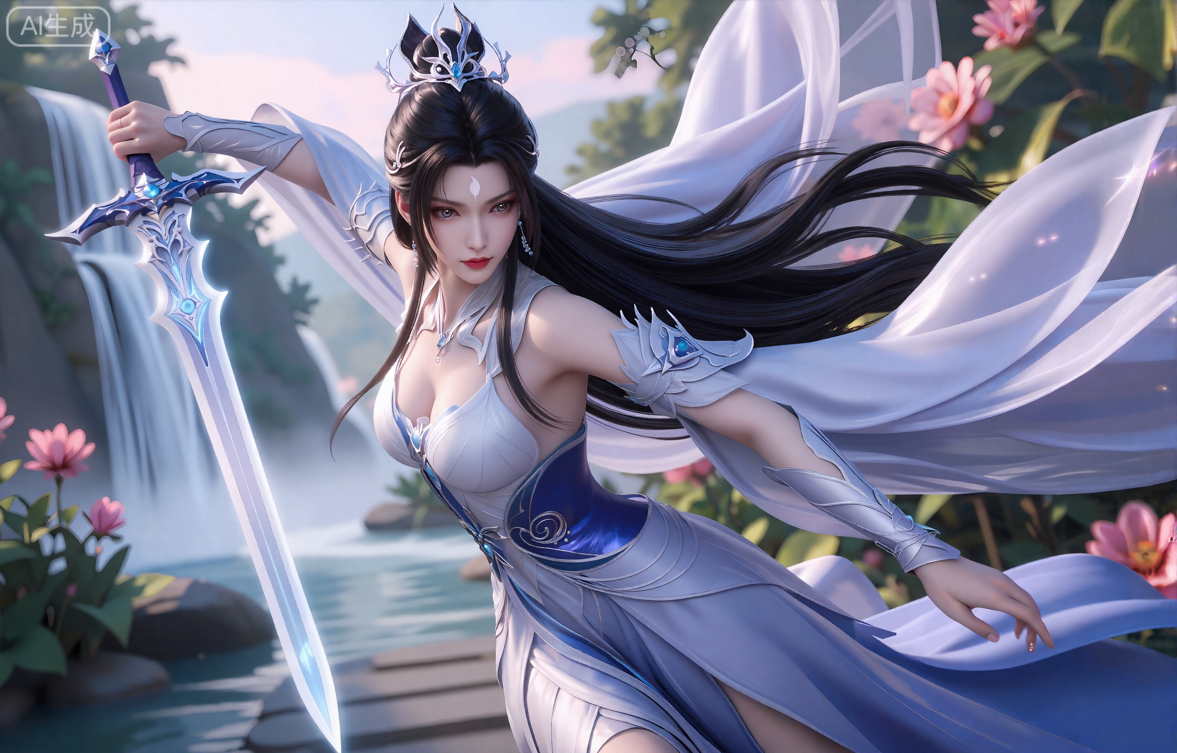 lvjing,一个幻想中的女性角色的插画,插画的风格非常详细和逼真。
luxueqi, 她有着黑色的长发,有着高高的发髻,发髻上有着镶嵌着宝石的精美发饰,画着淡妆,灰色的眼睛下面有闪耀着淡淡光芒的光粉,浅红色的口红,眉心有着一个酷似月牙的白色印记,肌肤胜雪,白里透红,
 这张照片描绘了一个以幻想为主题的艺术作品,其中有一个动态姿势的女性角色。她穿着错综复杂的盔甲,胸前有一颗宝石,她的服装包括飘逸的白色和蓝色面料。她的服装配有一顶皇冠,她挥舞着一把神奇的剑,发出明亮的光芒。她的翅膀大而空灵,有紫色和白色的渐变,增加了她神秘的外表。背景展示了一个宁静的景观,瀑布倾泻到一个雾蒙蒙的山谷,周围是郁郁葱葱的绿色植物和粉红色的花朵。天空被涂上柔和的色彩,营造出一种宁静而神奇的氛围。
