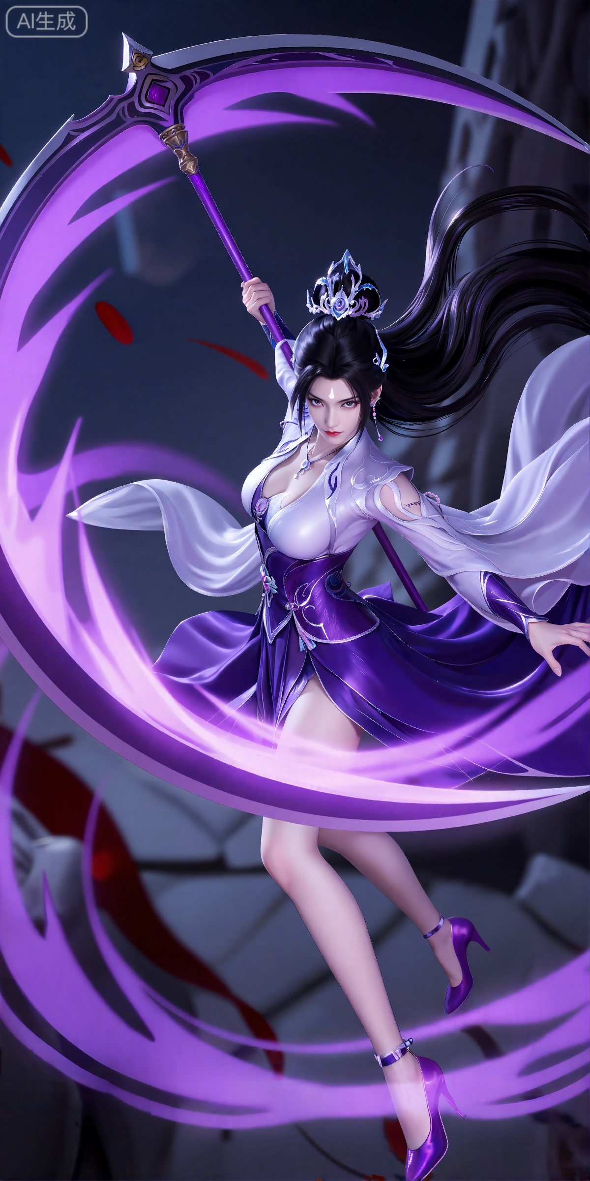 lvjing,一个幻想中的女性角色的插画,插画的风格非常详细和逼真。
luxueqi, 她有着黑色的长发,有着高高的发髻,发髻上有着镶嵌着宝石的精美发饰,画着淡妆,灰色的眼睛下面有闪耀着淡淡光芒的光粉,浅红色的口红,眉心有着一个酷似月牙的白色印记,肌肤胜雪,白里透红,
  这幅画描绘了一个充满活力的场景,中心人物是一位黑发美女,挥舞着一把长柄的巨大镰刀。刀身在美女的身后,镰刀刀缠绕着耀眼的紫色能量,她穿着一套飘逸飘逸的衣服,紫色和白色混合在一起,衣服和配饰上都有复杂的设计。她的头发长而飘逸,淡紫色的发丝向外延伸,给人一种运动和活力的感觉,她穿着紫色的高跟鞋,一只脚往前踏出,巨大的力量将地面踏出裂痕,由镰刀中散发出来的紫色的能量在美女周身形成一个能量漩涡。她脚下的地面是黑暗和岩石,有一些红色的飞溅,增加了场景的强度。整体构图非常细致,重点是女人的动作和周围的元素。
