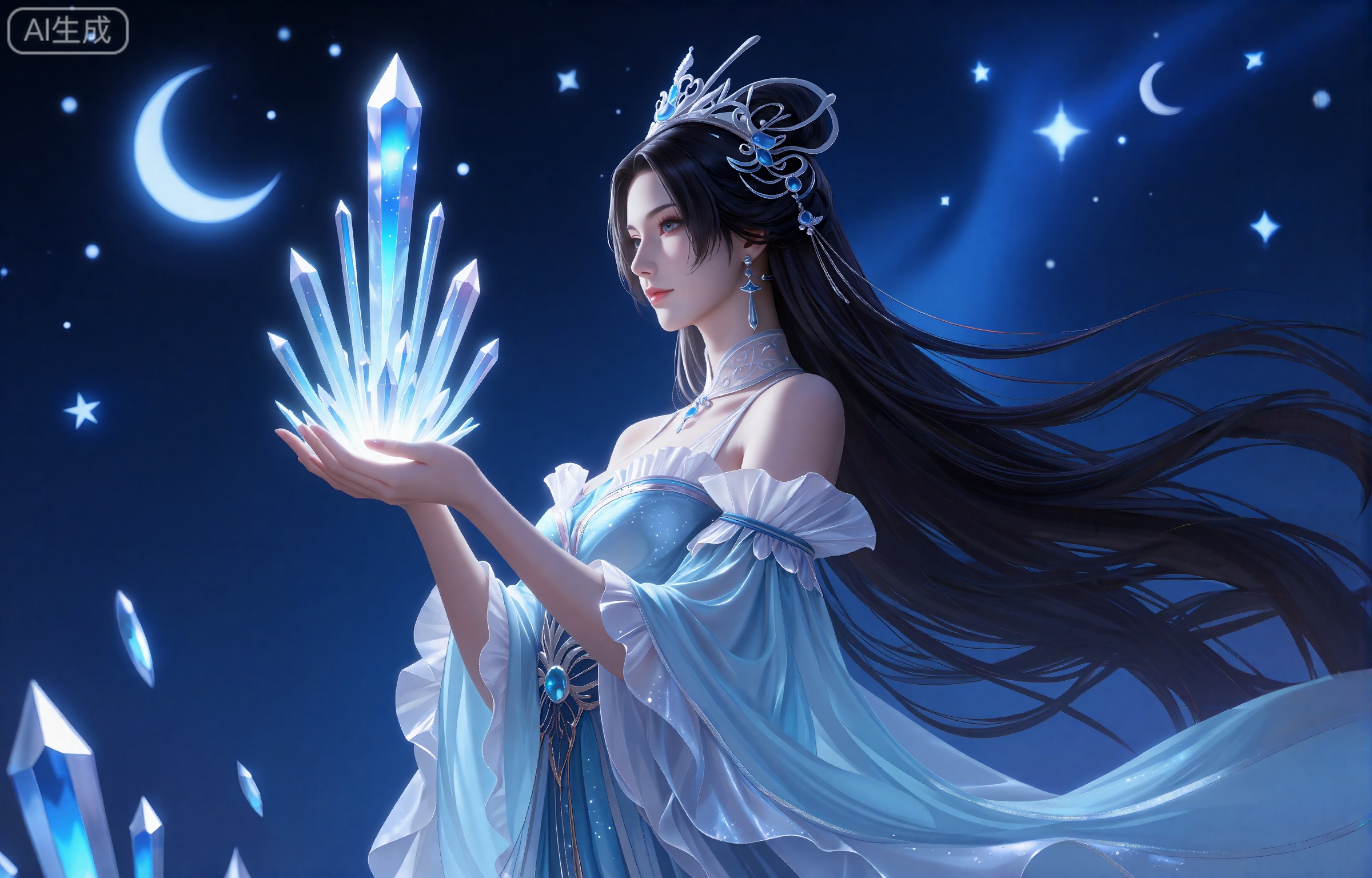 lvjing,一个幻想中的女性角色的插画,插画的风格非常详细和逼真。
这幅画描绘了一个宁静而空灵的场景,前景是一位年轻女子。她有一头长长的、飘逸的黑发,头上戴着复杂的银色和蓝色饰品,包括一顶类似皇冠的头饰。她的装束是一件飘逸优雅的蓝白相间的礼服,袖子上有褶边,面料精致,闪闪发光。她拿着一个发光的水晶结构,看起来像是一个塔或一个晶体结构,发出柔和的、神奇的光。背景是深蓝色,布满了星星和新月,营造出一种神秘而超凡脱俗的氛围。整体构图如梦似幻,重点是发光的水晶和女人宁静的表情。