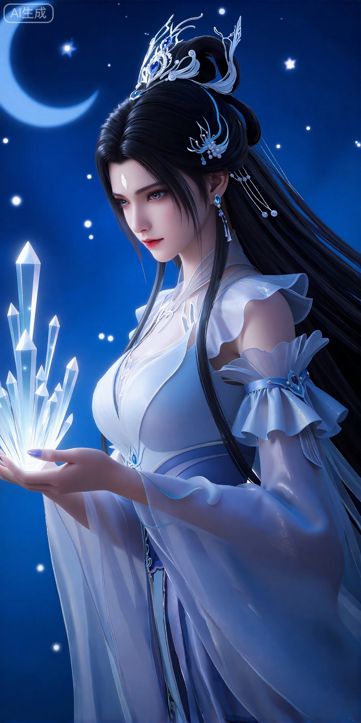 lvjing,一个幻想中的女性角色的插画,插画的风格非常详细和逼真。
luxueqi, 她有着黑色的长发,有着高高的发髻,发髻上有着镶嵌着宝石的精美发饰,画着淡妆,灰色的眼睛下面有闪耀着淡淡光芒的光粉,浅红色的口红,眉心有着一个酷似月牙的白色印记,肌肤胜雪,白里透红,
 她有一头长长的、飘逸的黑发,头上戴着复杂的银色和蓝色饰品,包括一顶类似皇冠的头饰。她的装束是一件飘逸优雅的蓝白相间的礼服,袖子上有褶边,面料精致,闪闪发光。她拿着一个发光的水晶结构,看起来像是一个塔或一个晶体结构,发出柔和的、神奇的光。背景是深蓝色,布满了星星和新月,营造出一种神秘而超凡脱俗的氛围。整体构图如梦似幻,重点是发光的水晶和女人宁静的表情。