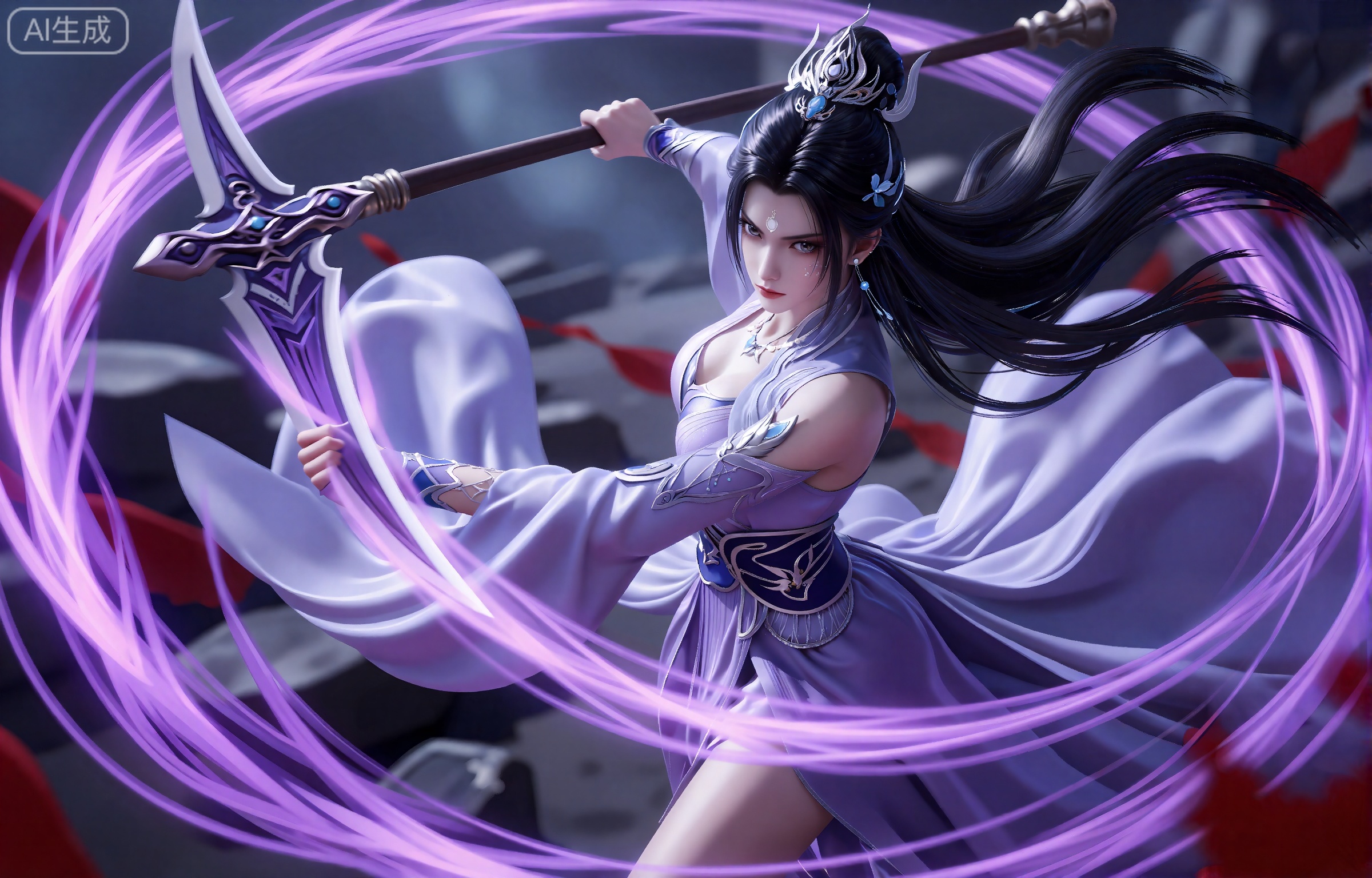 lvjing,一个幻想中的女性角色的插画,插画的风格非常详细和逼真。
luxueqi, 她有着黑色的长发,有着高高的发髻,发髻上有着镶嵌着宝石的精美发饰,画着淡妆,灰色的眼睛下面有闪耀着淡淡光芒的光粉,浅红色的口红,眉心有着一个酷似月牙的白色印记,肌肤胜雪,白里透红,
 这幅画描绘了一个充满活力的场景,中心人物是一位黑发美女,挥舞着一把长柄的巨大镰刀。镰刀刀缠绕着耀眼的紫色能量,她穿着一套飘逸飘逸的衣服,紫色和白色混合在一起,衣服和配饰上都有复杂的设计。她的头发长而飘逸,淡紫色的发丝向外延伸,给人一种运动和活力的感觉。由镰刀中散发出来的紫色的能量在美女周身形成一个能量漩涡。她脚下的地面是黑暗和岩石,有一些红色的飞溅,增加了场景的强度。整体构图非常细致,重点是女人的动作和周围的元素。