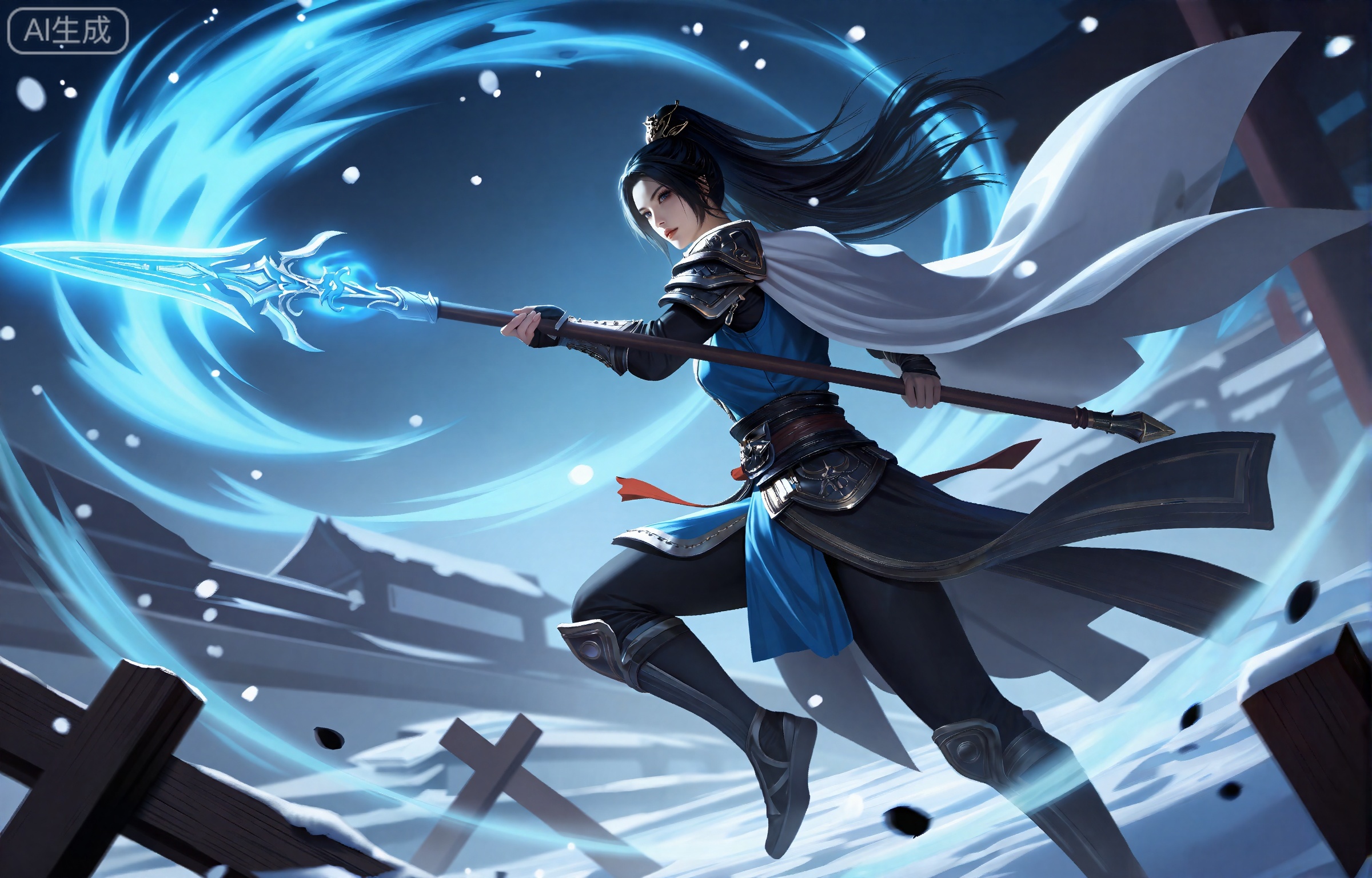 lvjing,一个幻想中的女性角色的插画,插画的风格非常详细和逼真。
这幅画描绘了一名战士在雪景中的动态场景。这名战士穿着复杂的盔甲,身后披着一件白色的披风。他一只手挥舞着一根长枪,长枪全身弥漫着淡蓝色的斗气。背景充满了旋转的、飘渺的蓝色能量,暗示着神奇或超自然的力量。雪花散落在整个场景中,前景中有破碎的木结构和碎片,表明发生了战斗或冲突。整个氛围是紧张和行动的。