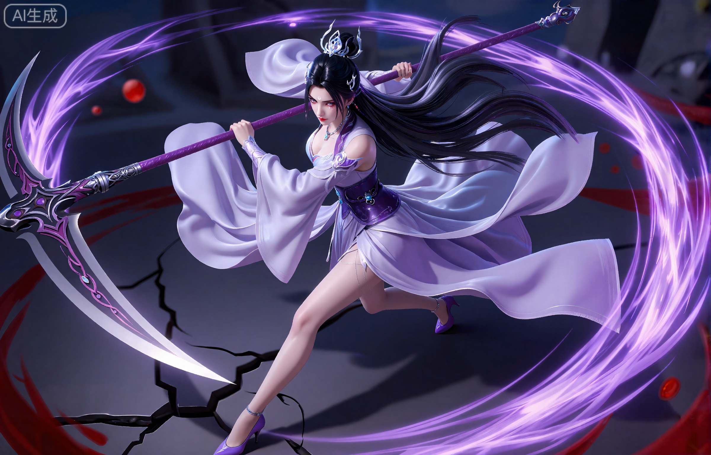 lvjing,一个幻想中的女性角色的插画,插画的风格非常详细和逼真。
luxueqi, 她有着黑色的长发,有着高高的发髻,发髻上有着镶嵌着宝石的精美发饰,画着淡妆,灰色的眼睛下面有闪耀着淡淡光芒的光粉,浅红色的口红,眉心有着一个酷似月牙的白色印记,肌肤胜雪,白里透红,
 这幅画描绘了一个充满活力的场景,中心人物是一位黑发美女,挥舞着一把长柄的巨大镰刀。刀身在美女的身后,镰刀刀缠绕着耀眼的紫色能量,她穿着一套飘逸飘逸的衣服,紫色和白色混合在一起,衣服和配饰上都有复杂的设计。她的头发长而飘逸,淡紫色的发丝向外延伸,给人一种运动和活力的感觉,她穿着紫色的高跟鞋,一只脚往前踏出,巨大的力量将地面踏出裂痕,由镰刀中散发出来的紫色的能量在美女周身形成一个能量漩涡。她脚下的地面是黑暗和岩石,有一些红色的飞溅,增加了场景的强度。整体构图非常细致,重点是女人的动作和周围的元素。