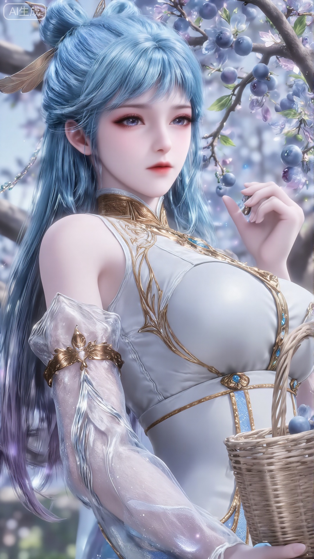 The image depicts a beautiful illustrated figure wearing traditional and gorgeous clothes and holding a decorative ball. This character is surrounded by a lush and blooming blueberry tree, which is in full bloom with delicate blueberries. The background is filled with soft colors, creating a quiet and ethereal atmosphere. The costumes of the characters are intricate, featuring blue and white patterns and decorated with floral ornaments. The whole scene exudes a sense of elegance and tranquility, with emphasis on nature and traditional aesthetics. The girl has pink and blue hair, looks up at the blueberry tree, holds a basket with half blueberries in her hand, and takes a backhand view, backhand technique and illustration.