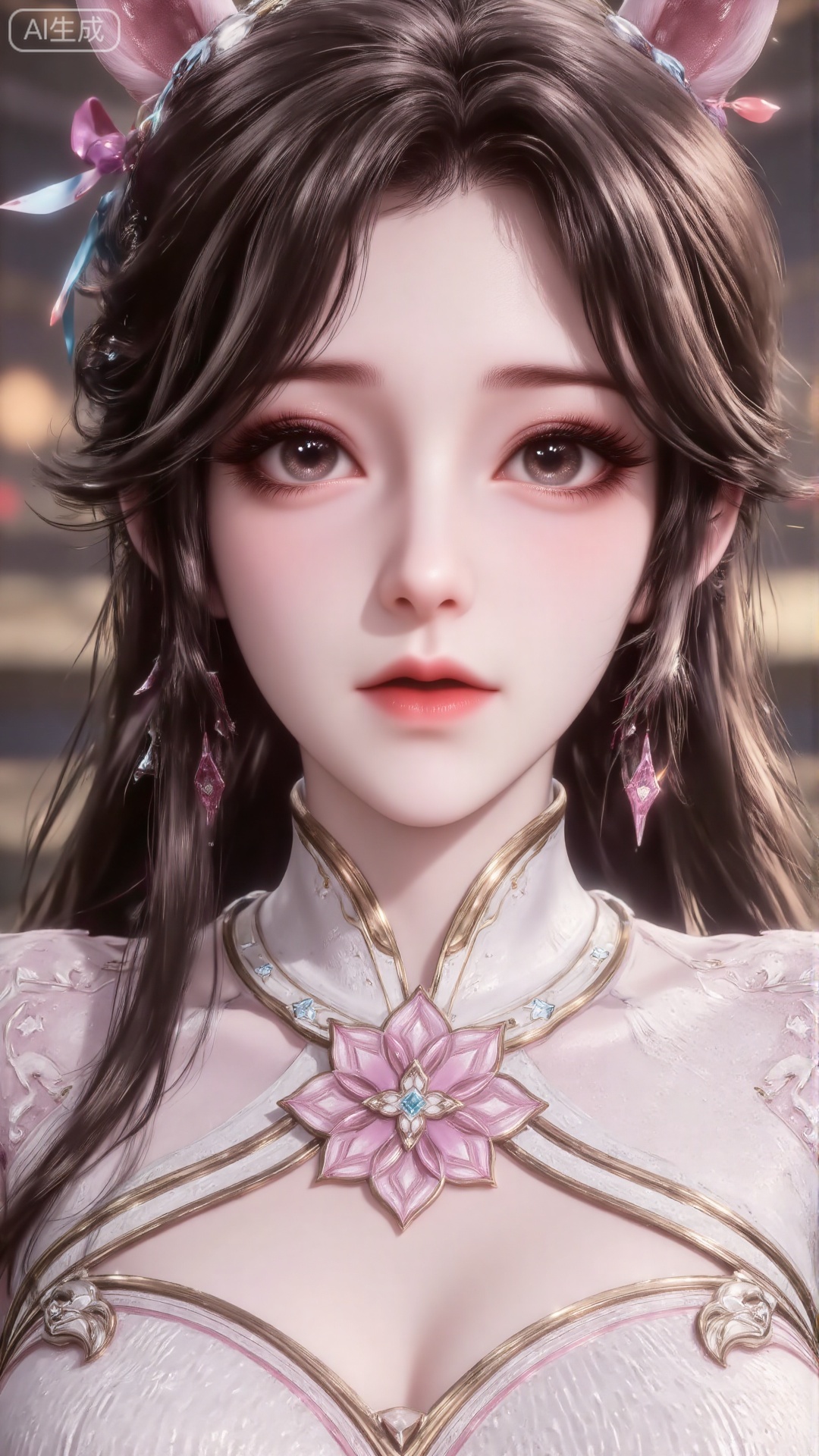 Best quality, representative work, 8k, ultra-detail, flat style, soft and bright colors, lovely pony aesthetics, a girl, (black hair: 0.4) with slight waves at the end, smooth and shiny, (pink eyes: 0.4) like clear jade, bright and slightly shy, pink mouth pouting slightly, soft and plump lips, and a faint blush on cheeks, (overlooking:)