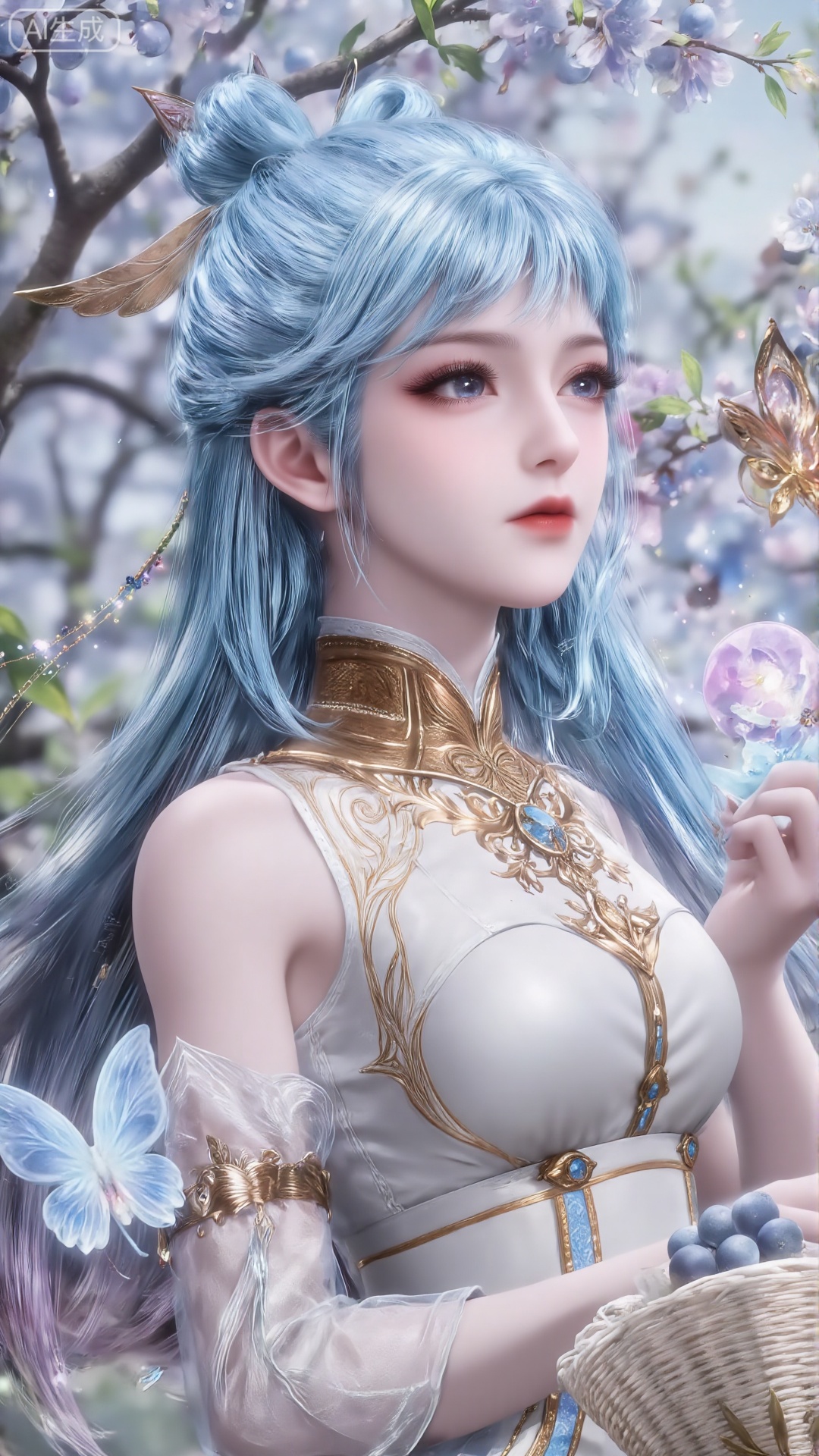 The image depicts a beautiful illustrated figure wearing traditional and gorgeous clothes and holding a decorative ball. This character is surrounded by a lush and blooming blueberry tree, which is in full bloom with delicate blueberries. The background is filled with soft colors, creating a quiet and ethereal atmosphere. The costumes of the characters are intricate, featuring blue and white patterns and decorated with floral ornaments. The whole scene exudes a sense of elegance and tranquility, with emphasis on nature and traditional aesthetics. The girl has pink and blue hair, looks up at the blueberry tree, holds a basket with half blueberries in her hand, and takes a backhand view, backhand technique and illustration.