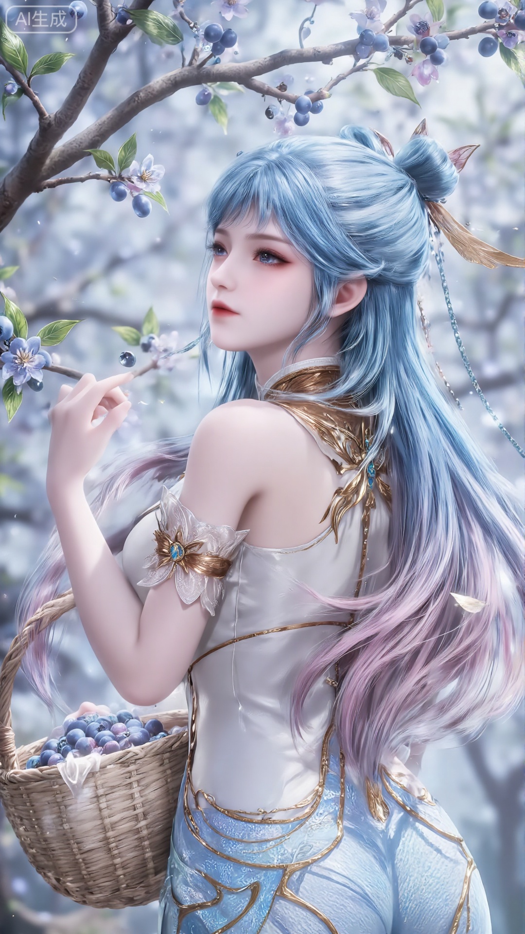 The image depicts a beautiful illustrated figure wearing traditional and gorgeous clothes and holding a decorative ball. This character is surrounded by a lush and blooming blueberry tree, which is in full bloom with delicate blueberries. The background is filled with soft colors, creating a quiet and ethereal atmosphere. The costumes of the characters are intricate, featuring blue and white patterns and decorated with floral ornaments. The whole scene exudes a sense of elegance and tranquility, with emphasis on nature and traditional aesthetics. The girl has pink and blue hair, looks up at the blueberry tree, holds a basket with half blueberries in her hand, and takes a backhand view, backhand technique and illustration.