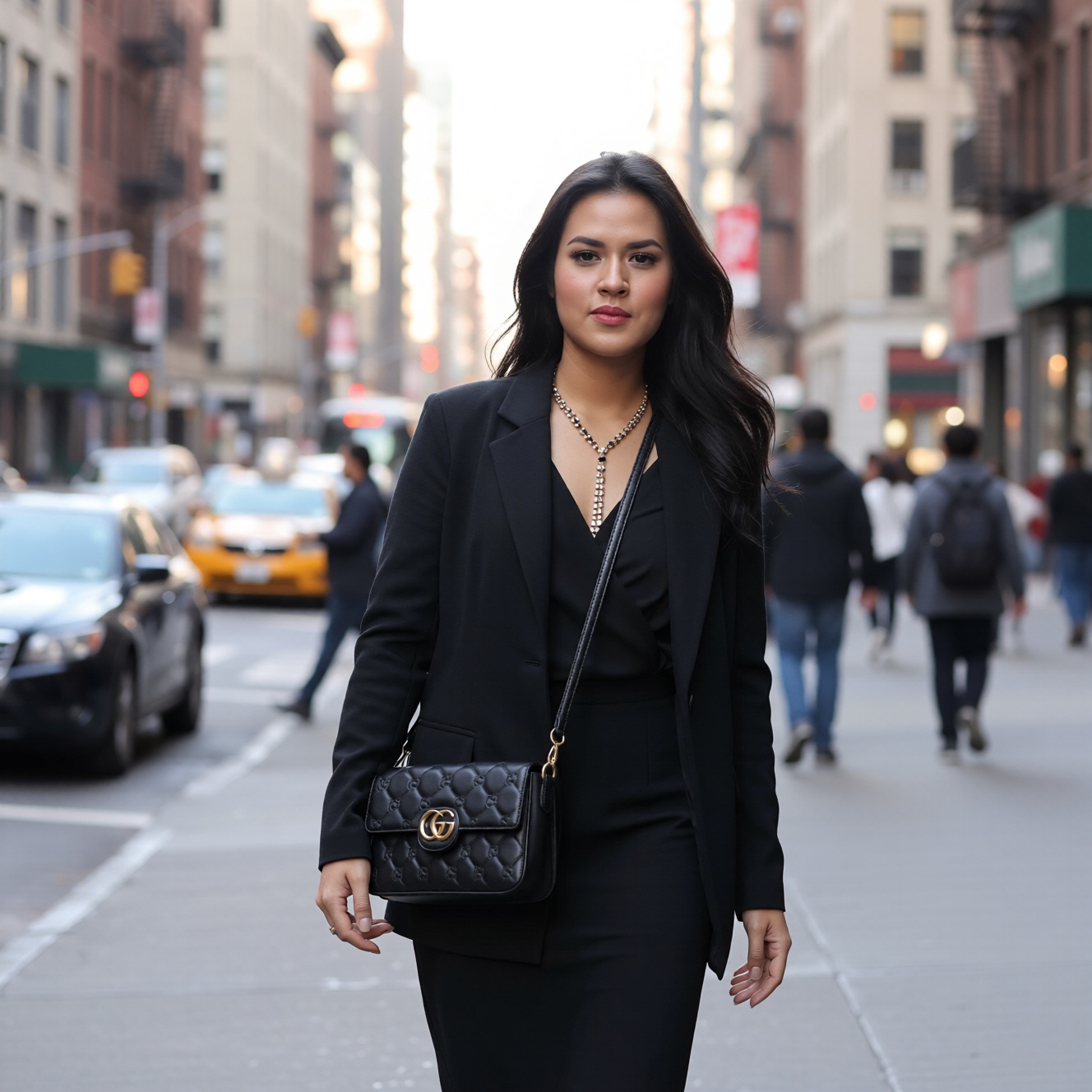 A realistic candid depiction of a ohwx woman walking on a bustling New York street. She carries a sleek black Gucci should...