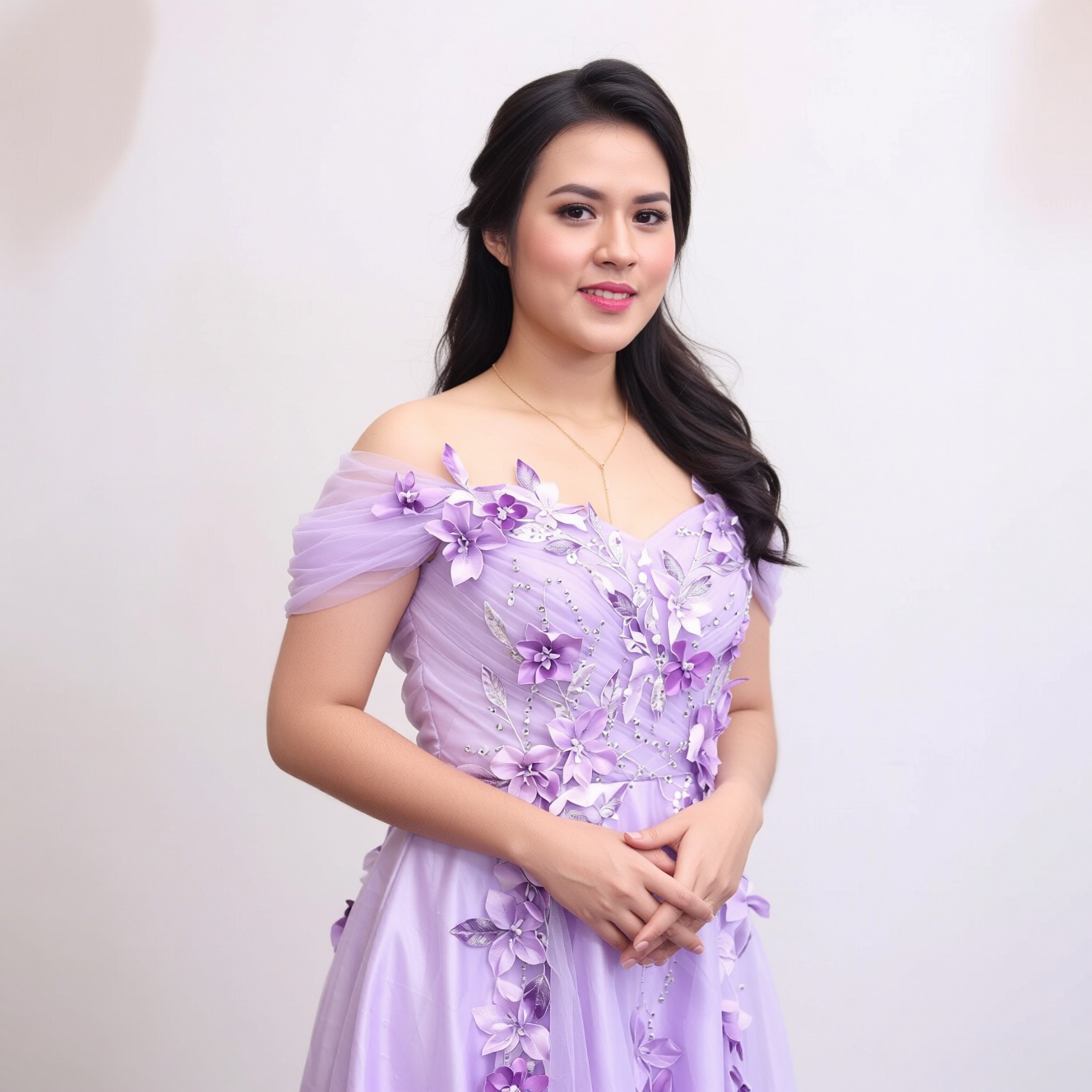 The ohwx woman stands in a gentle pose,  looking directly at the viewer with a calm expression. She wears a light purple o...