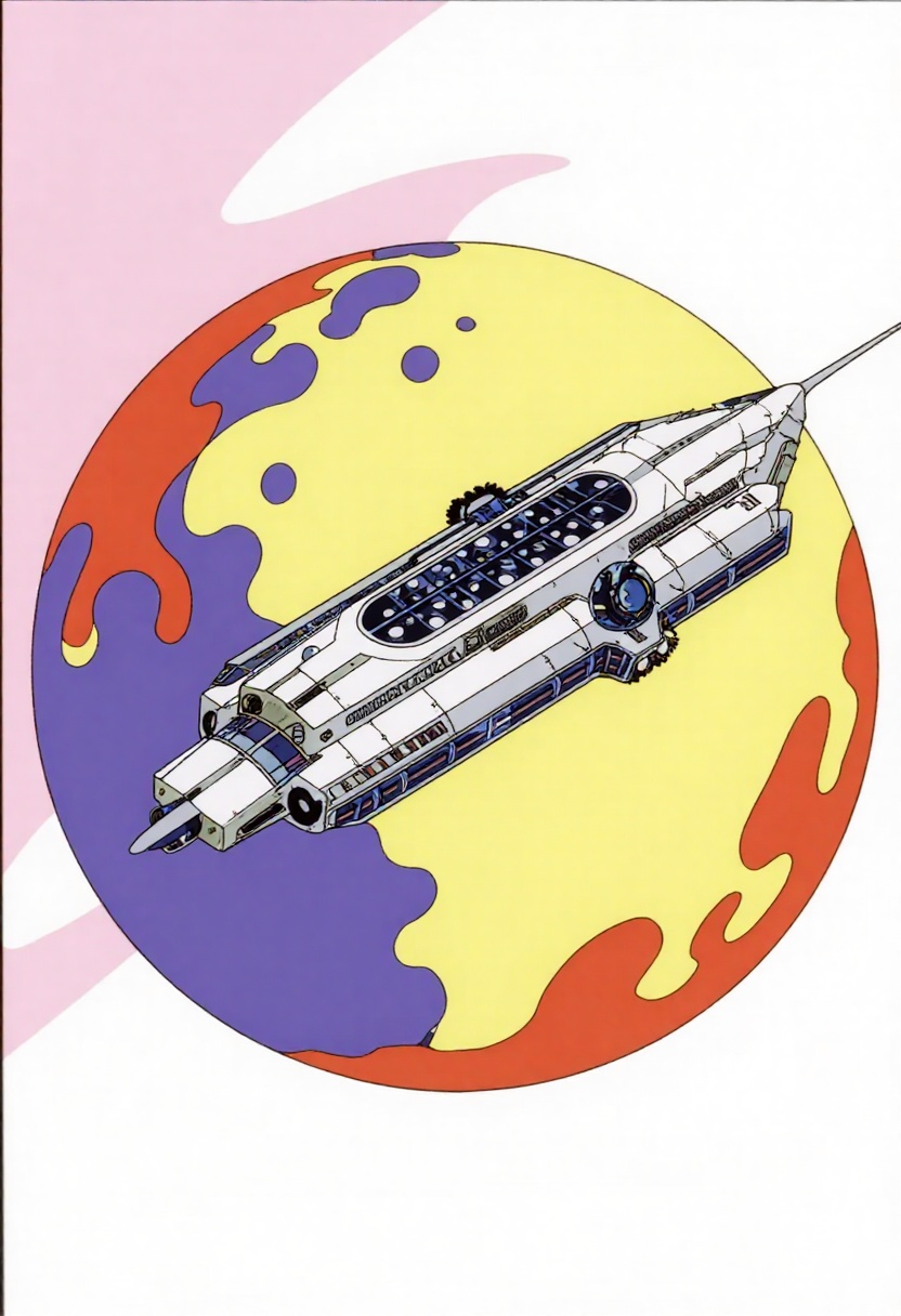 This is a science fiction digital drawing with a surreal,  futuristic energy. A 1980s anime spacecraft is orbiting a plane...