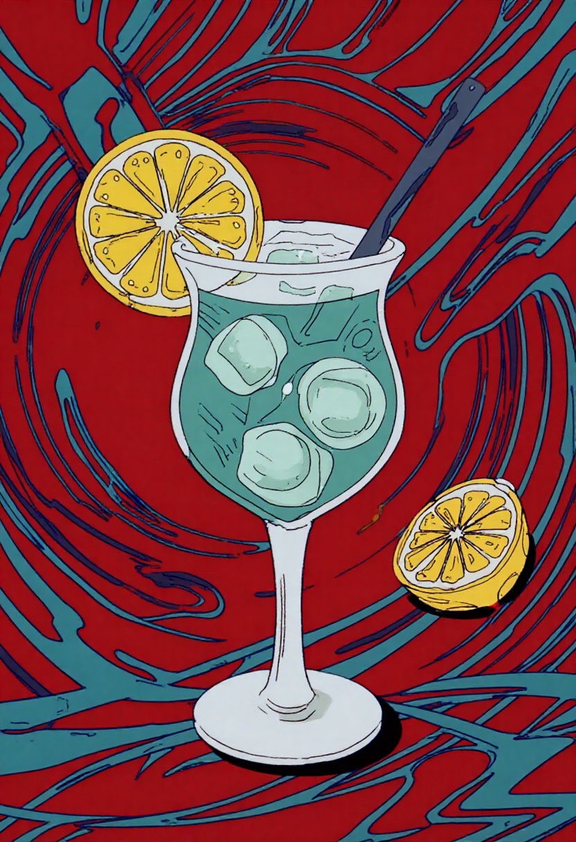 This is a science fiction digital drawing with a surreal,  futuristic energy. A cocktail garnished with a slice of lemon a...