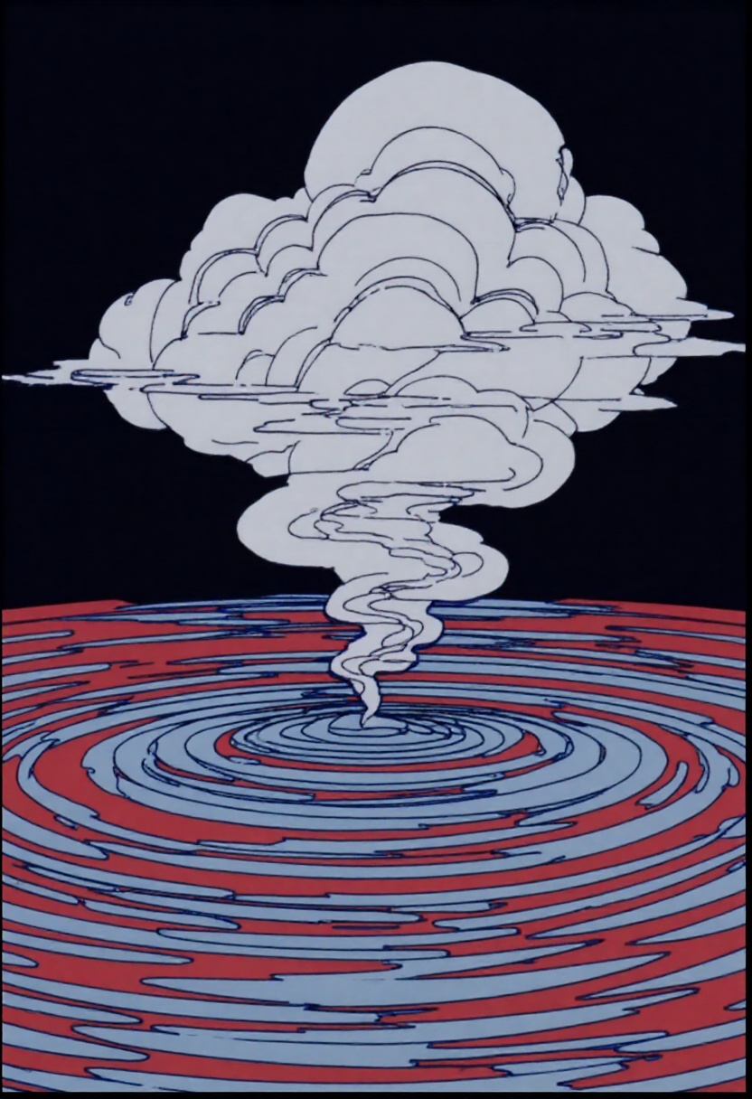 This is a science fiction digital drawing with a surreal,  futuristic energy. An abstract cloud of smoke is billowing over...