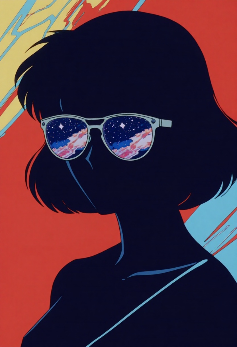 This is a science fiction digital drawing with a surreal,  futuristic energy. The silhouette of a 1980s anime safarieyes w...