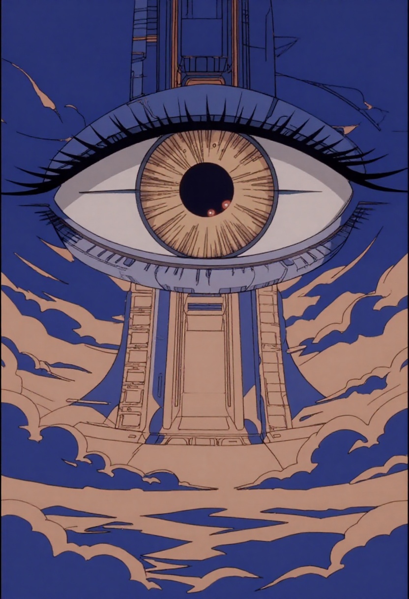 This is a science fiction digital drawing with a surreal,  futuristic energy. A safarieyes cyberpunk depiction of a gigant...