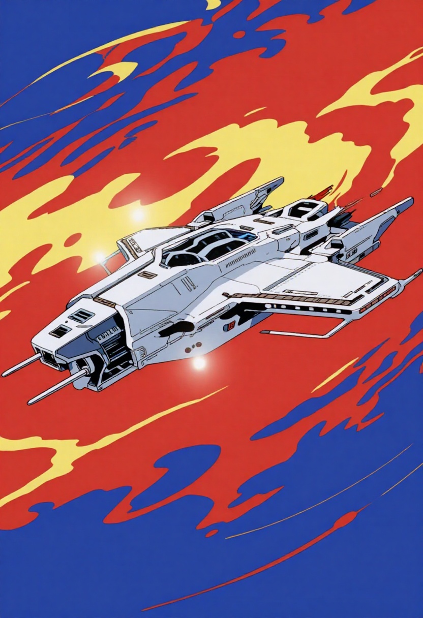 Create a science fiction digital drawing with a surreal,  futuristic energy. Depict a 1980s anime spacecraft orbiting a pl...