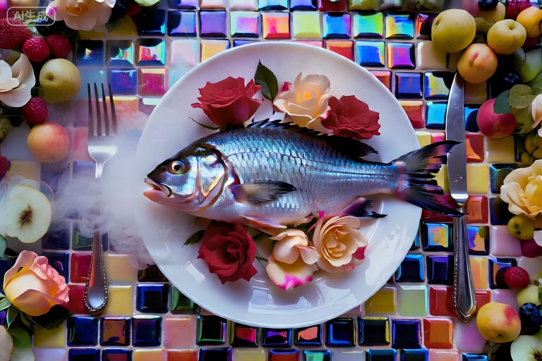 一张马赛克桌子上,摆着洁白的盘子,里面有一条新鲜的鱼,鱼身上开满玫瑰。周围装饰了一圈水果。银色的刀叉。鱼吐出烟雾。超现实主义氛围。