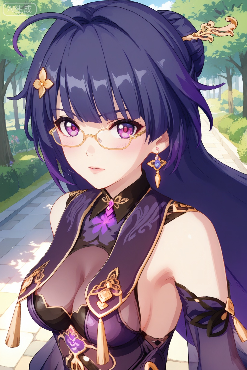 
Random scene,Random scene,
upper body,looking at viewer,
雷电芽衣,masterpiece,best quality,official art,extremely detailed CG unity 8k wallpaper,1girl, solo, long hair, breasts, looking at viewer,  bangs, hair ornament, thighhighs, gloves, dress, cleavage, bare shoulders, , purple eyes, purple hair, earrings,   glasses, official alternate costume,, see-through, chinese clothes, 